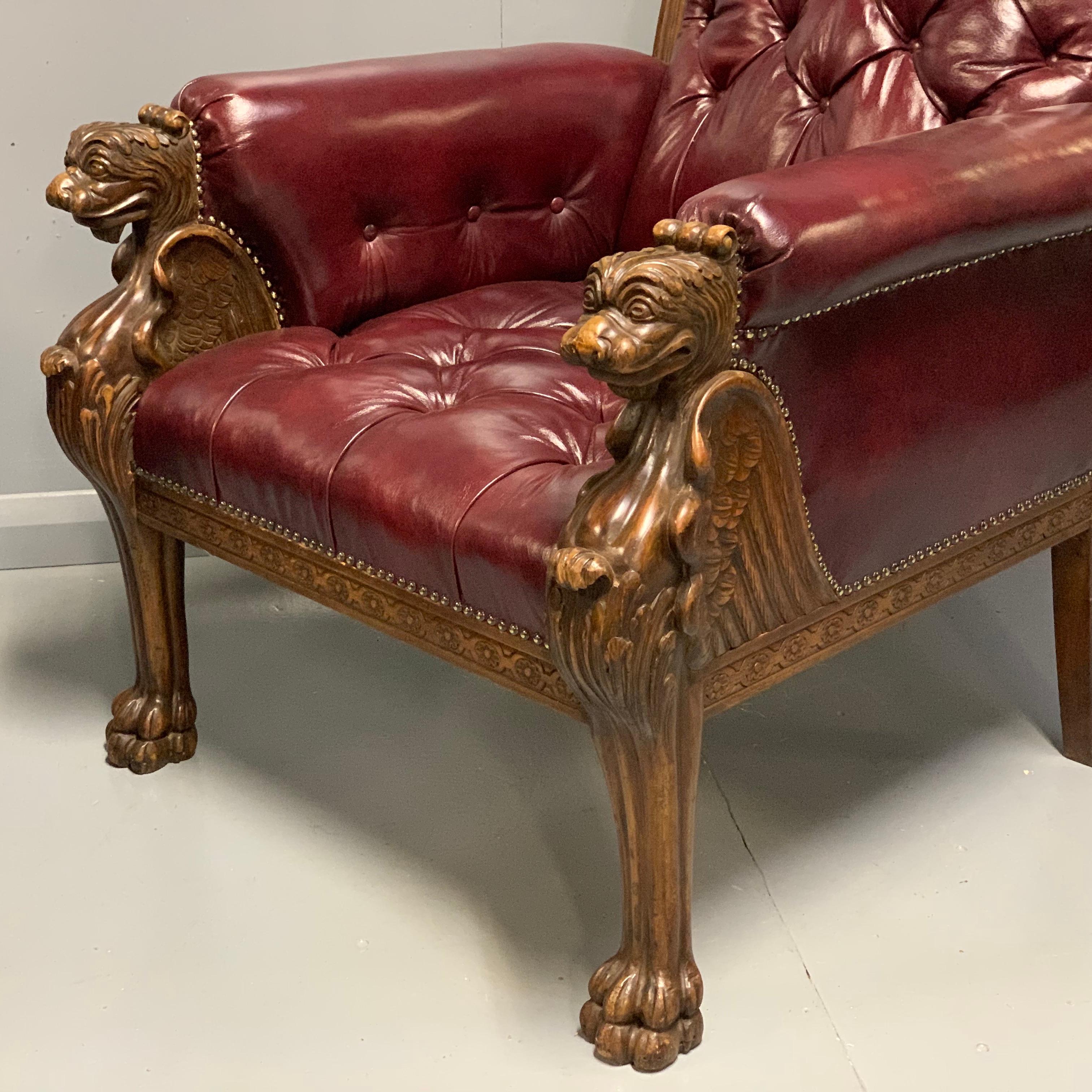 Large Pair of Mid-19th Century European Buttoned Leather Armchairs with Griffins For Sale 1