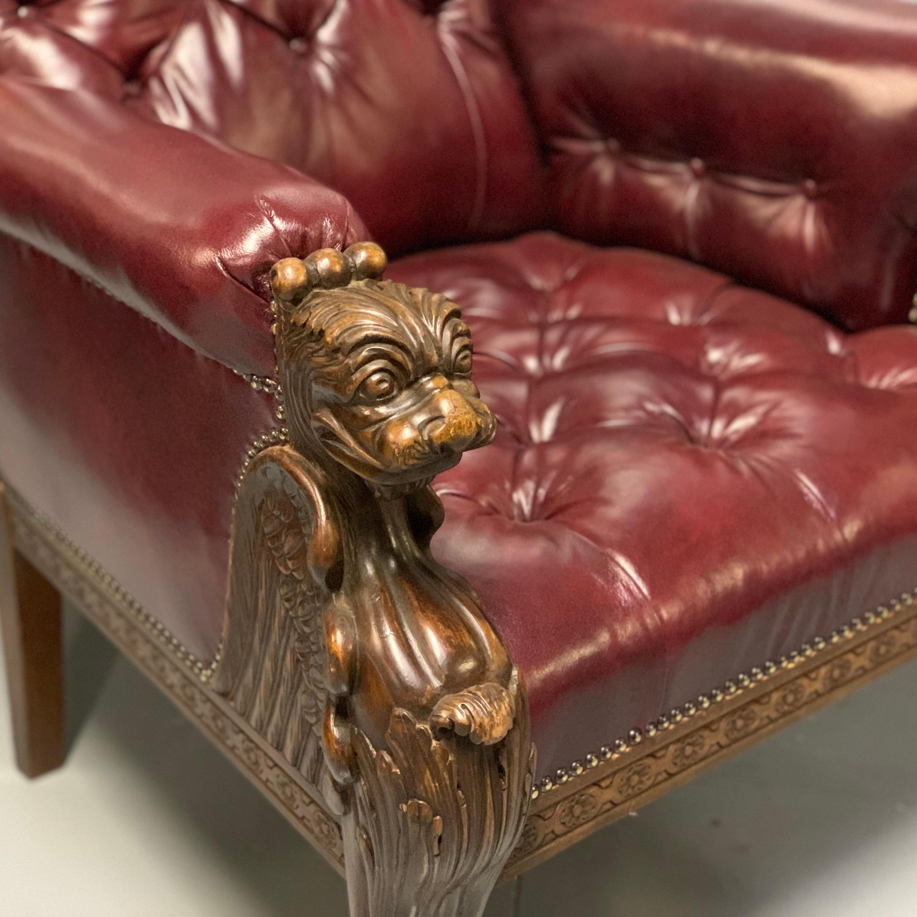 Large Pair of Mid-19th Century European Buttoned Leather Armchairs with Griffins For Sale 2