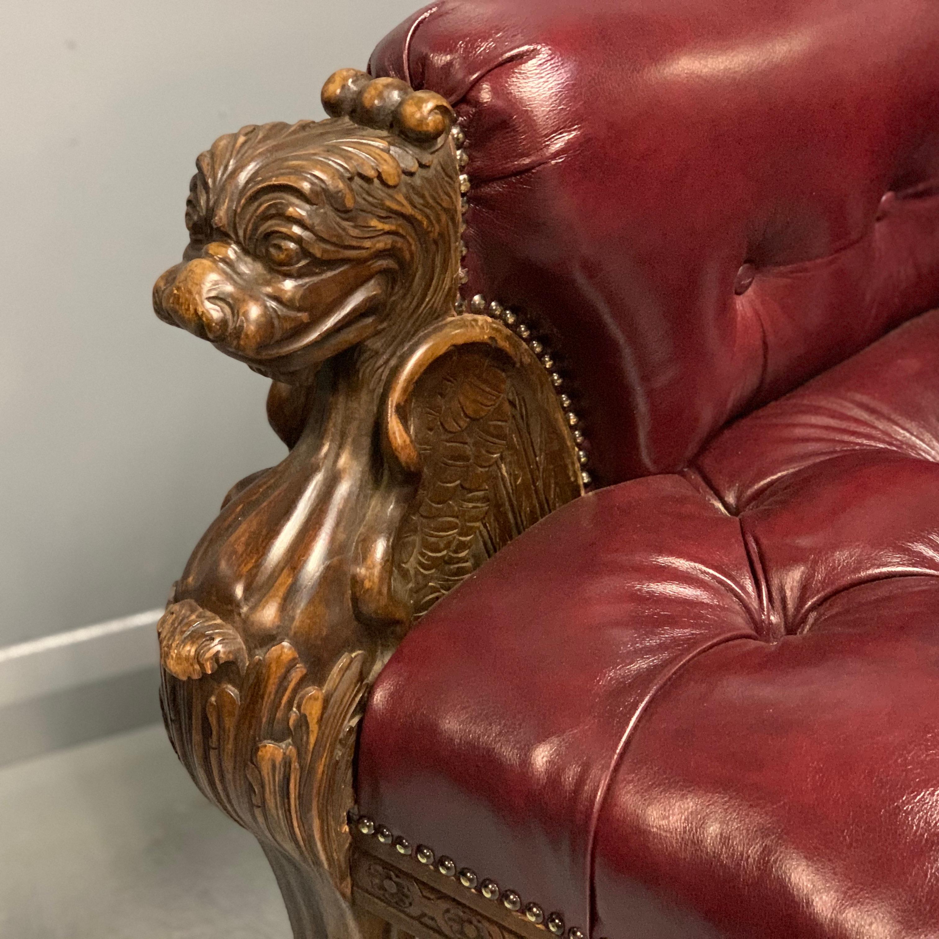 Large Pair of Mid-19th Century European Buttoned Leather Armchairs with Griffins For Sale 3
