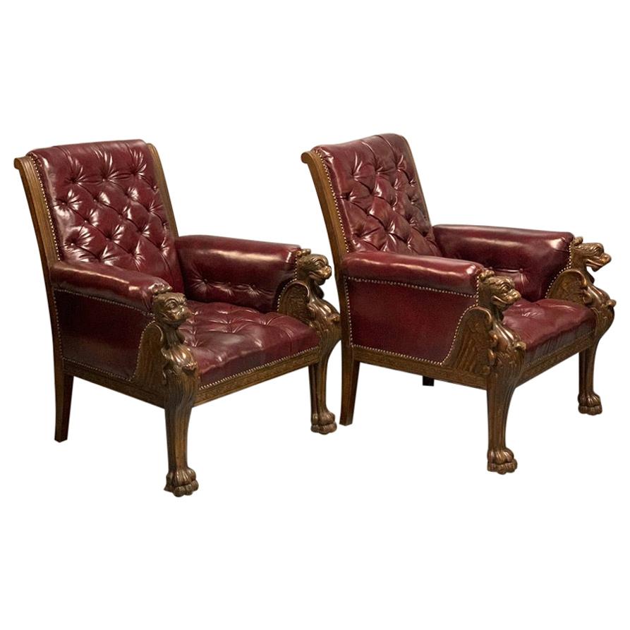 Large Pair of Mid-19th Century European Buttoned Leather Armchairs with Griffins For Sale