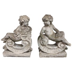 Large Pair of Mid-20th Century Cast Stone Cherubs