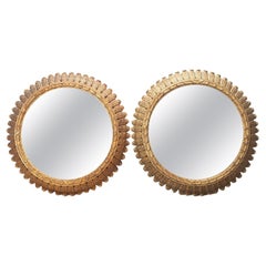 Large Pair of Mid-Century Carved Giltwood Sun Mirrors