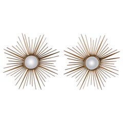 Large Pair of Mid Century Chaty Vallauris Sunburst Mirrors With Convex Plates