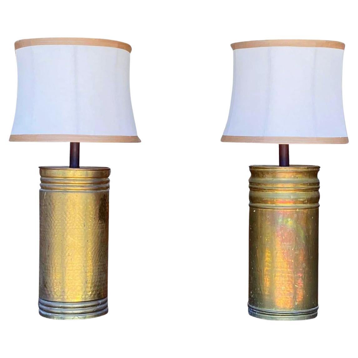 Large Pair of Midcentury Hammered Brass Lamps
