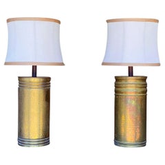 Large Pair of Midcentury Hammered Brass Lamps