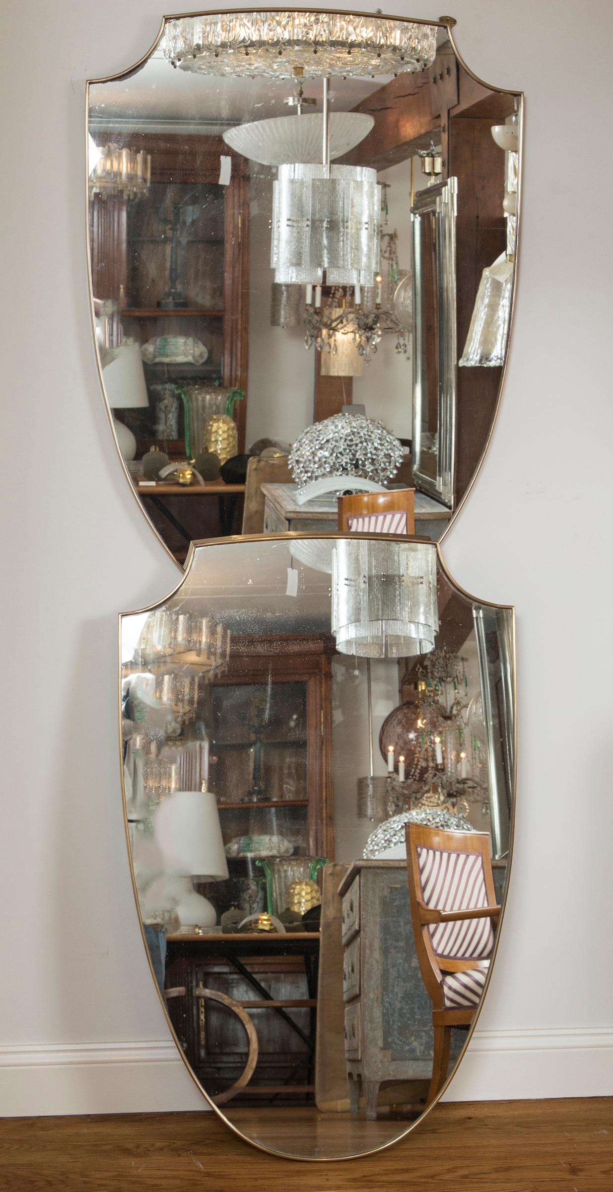Brass Large Pair of Mid Century Italian Design Shield-Shaped Mirrors, Gio Ponti Style