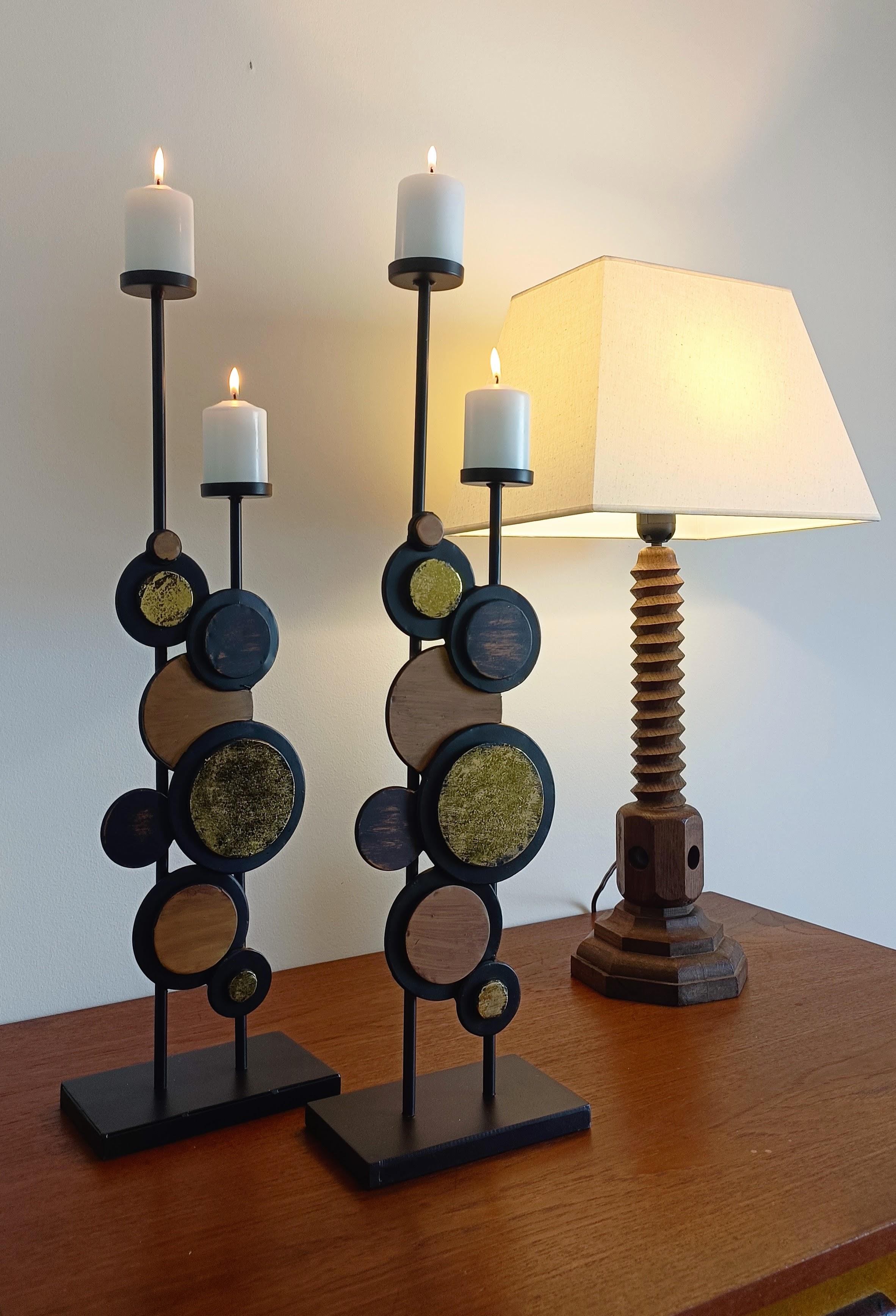 Large Pair of Mid-Century Italian Psychedelic Iron Candelabra, 1970s

A striking and rare pair of large Mid-Century Italian candelabra in a bold psychedelic style, dating to the 1970s. Crafted in iron and finished in a dramatic palette of patinated