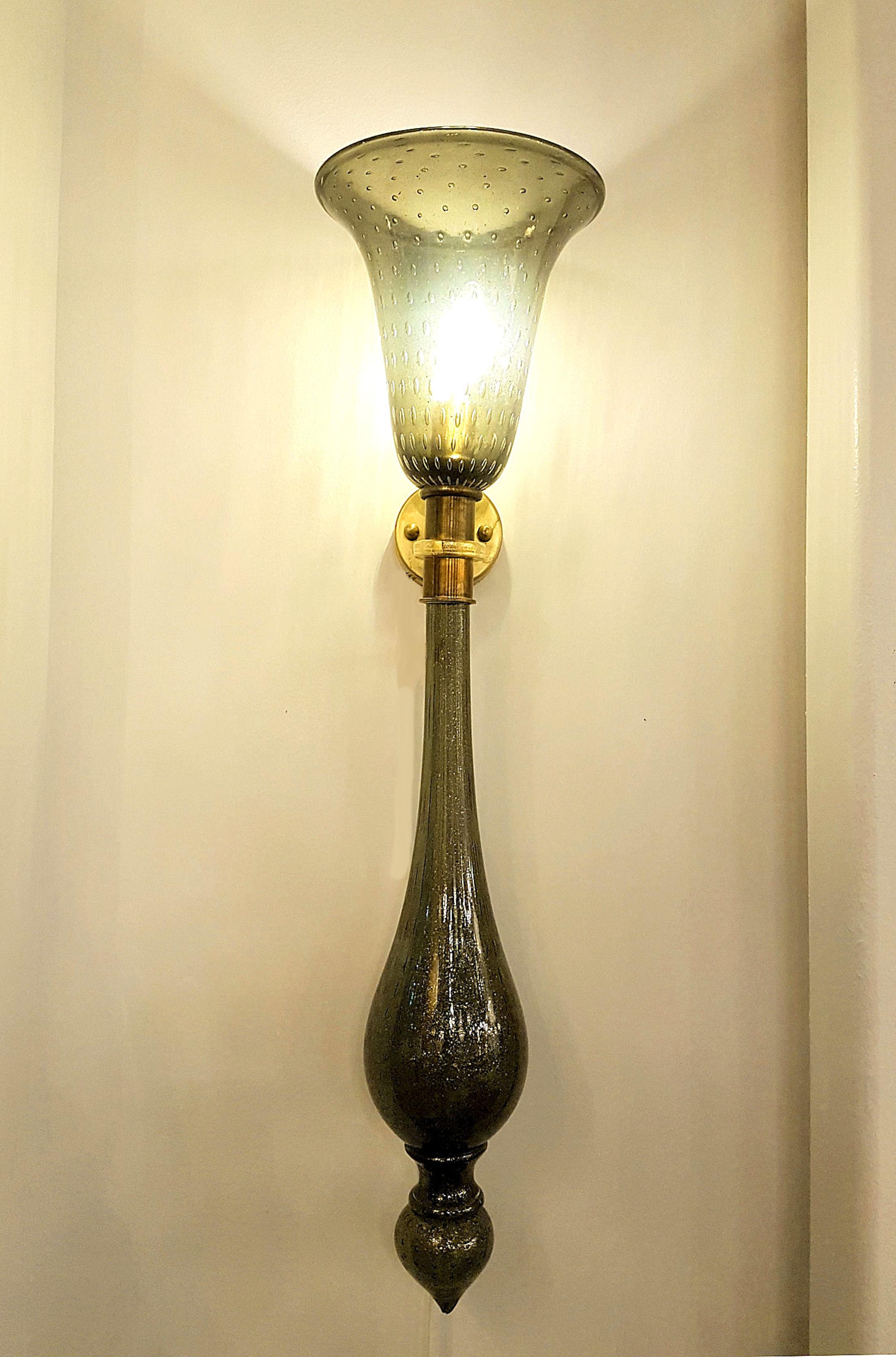 Mid-Century Modern Large Midcentury Gray w/Gold Flakes Murano Glass Sconces Attr Venini Italy 1960