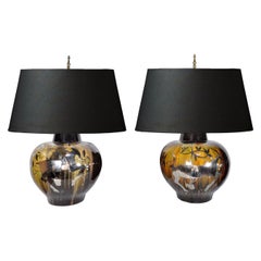 Large Pair of Mid-Century Modern Gazelle Ram Drip Glaze Pottery Table Lamps