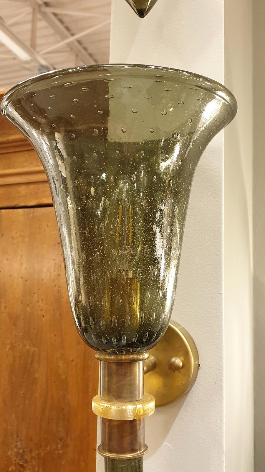 Italian Large Midcentury Gray w/Gold Flakes Murano Glass Sconces Attr Venini Italy 1960