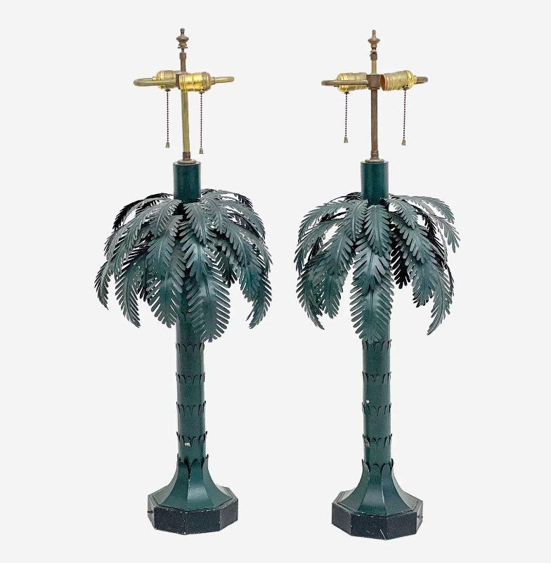 Large Pair of Mid-Century Modern Maison Jansen Style Palm Tree Lamps, Metal

Pair of three feet high metal palm tree lamps in the manner of Maison Jansen and Serge Roche. Each having an enameled steel bases in the form of palm trees, with double