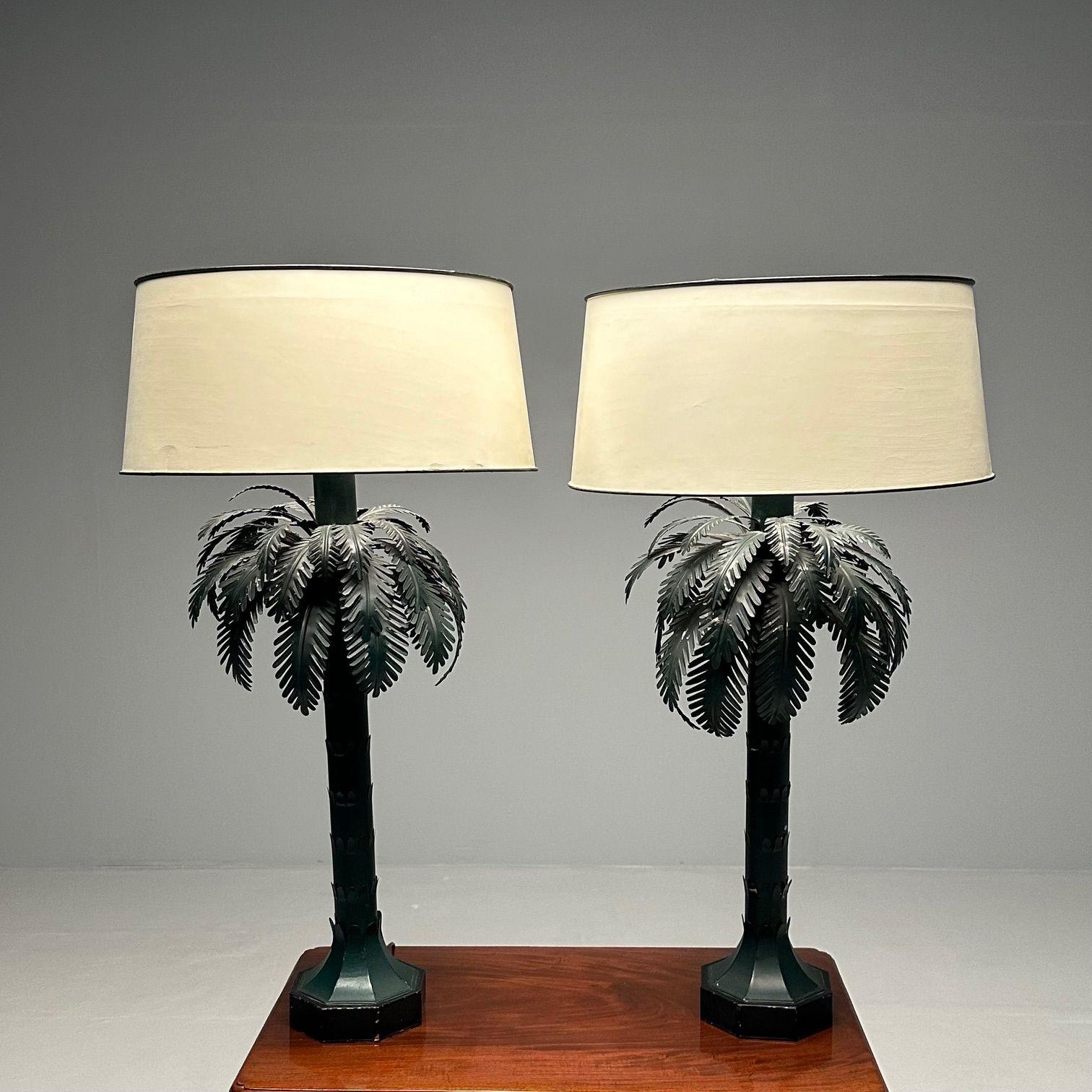 American Maison Jansen Style, Mid-Century Modern, Palm Tree Lamps, Green, Metal, 1970s For Sale