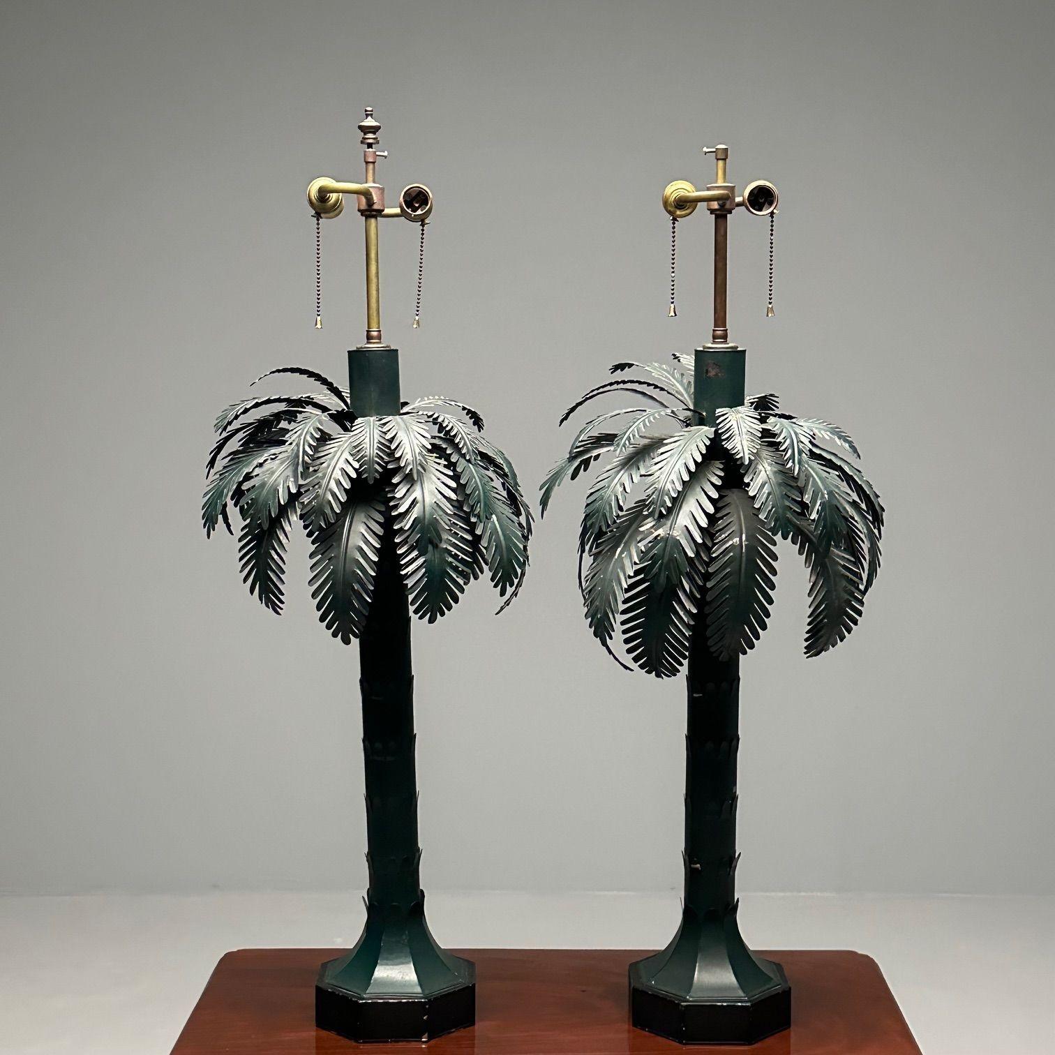 Maison Jansen Style, Mid-Century Modern, Palm Tree Lamps, Green, Metal, 1970s For Sale 3