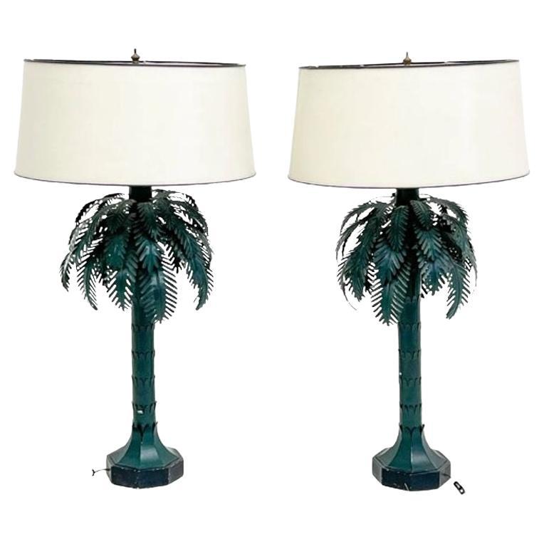 Maison Jansen Style, Mid-Century Modern, Palm Tree Lamps, Green, Metal, 1970s For Sale