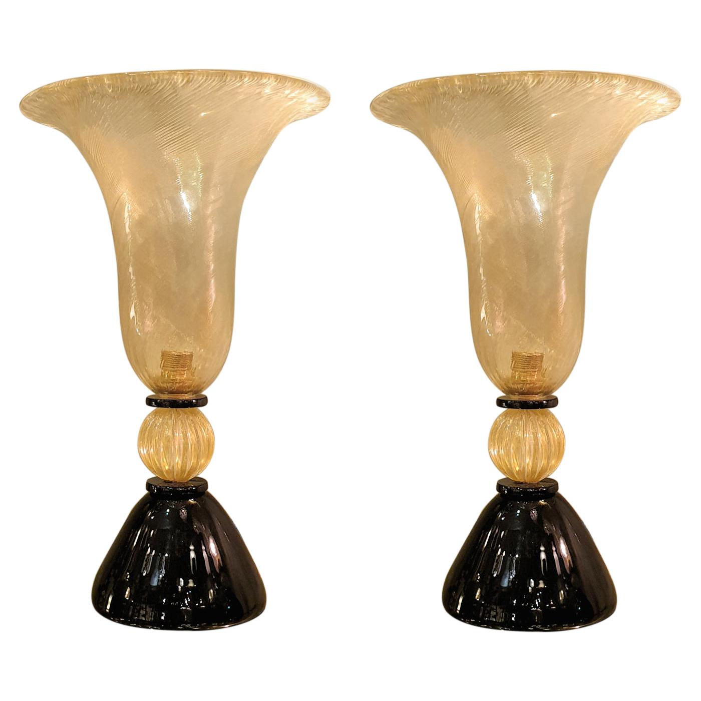 Large Pair Mid-Century Modern Gold Murano Glass Table Lamps, Venini Style, Italy