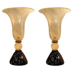 Large Pair Mid-Century Modern Gold Murano Glass Table Lamps, Venini Style, Italy