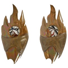 Large Pair of Mid-Century Modern Scones, Copper and Leaded Glass, French, 1970