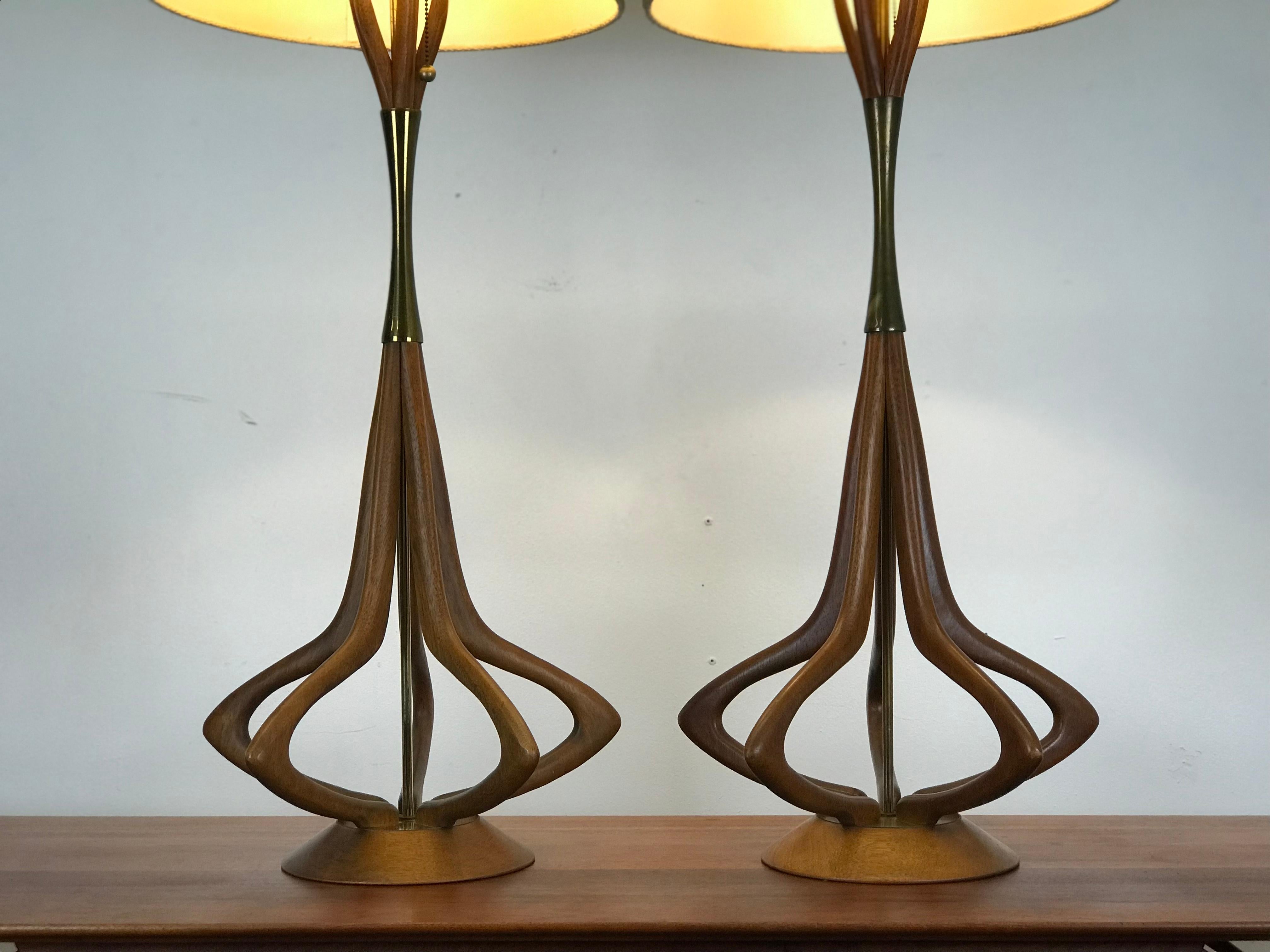 Mid-Century Modern Lamps in Sculptural Walnut with Brass Accents by Modeline 2