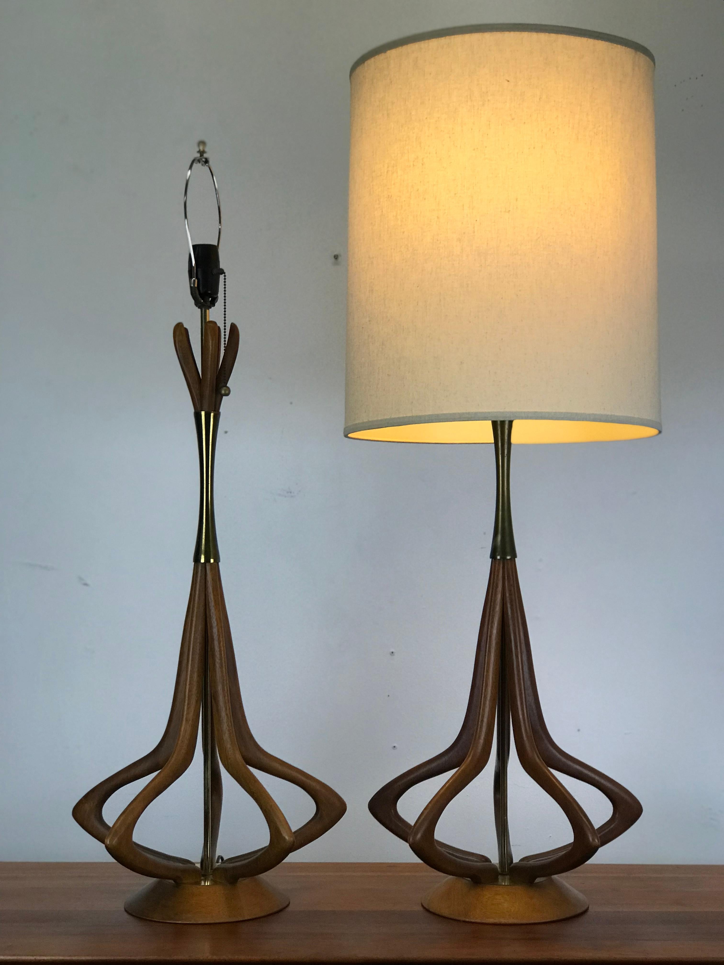 Mid-Century Modern Lamps in Sculptural Walnut with Brass Accents by Modeline 3