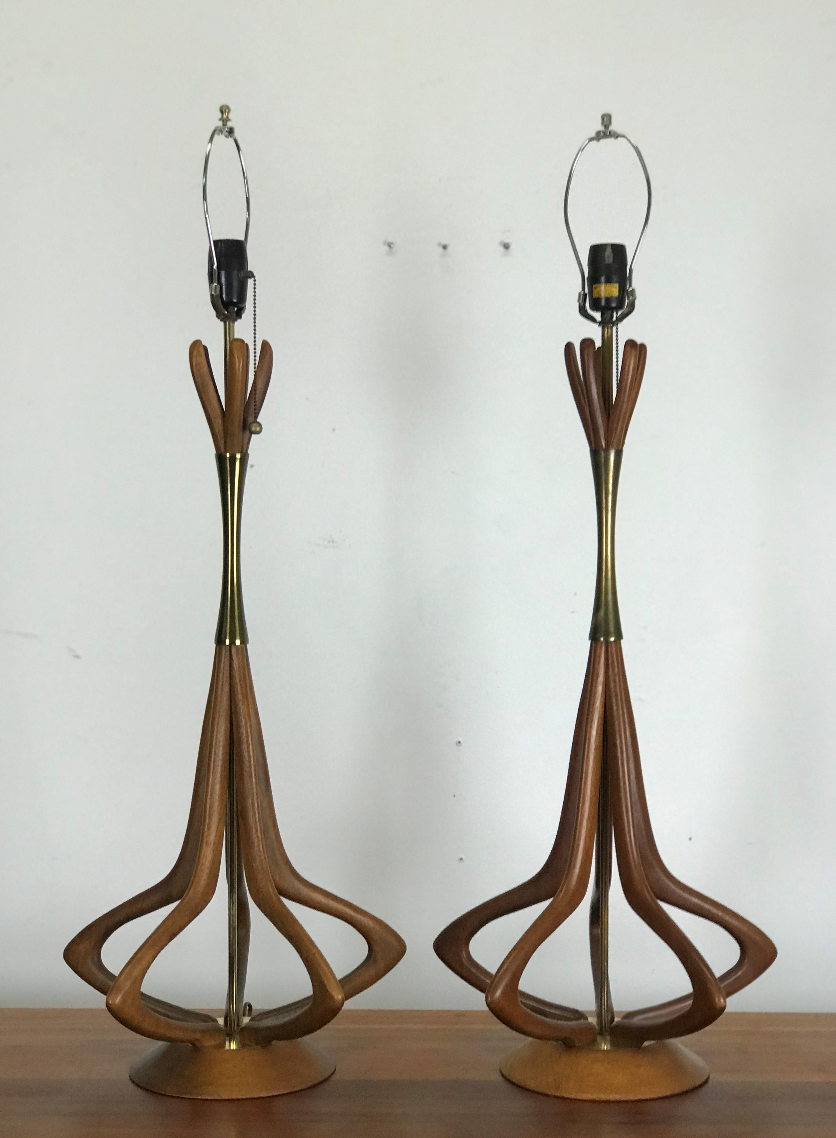 Mid-Century Modern Lamps in Sculptural Walnut with Brass Accents by Modeline 4