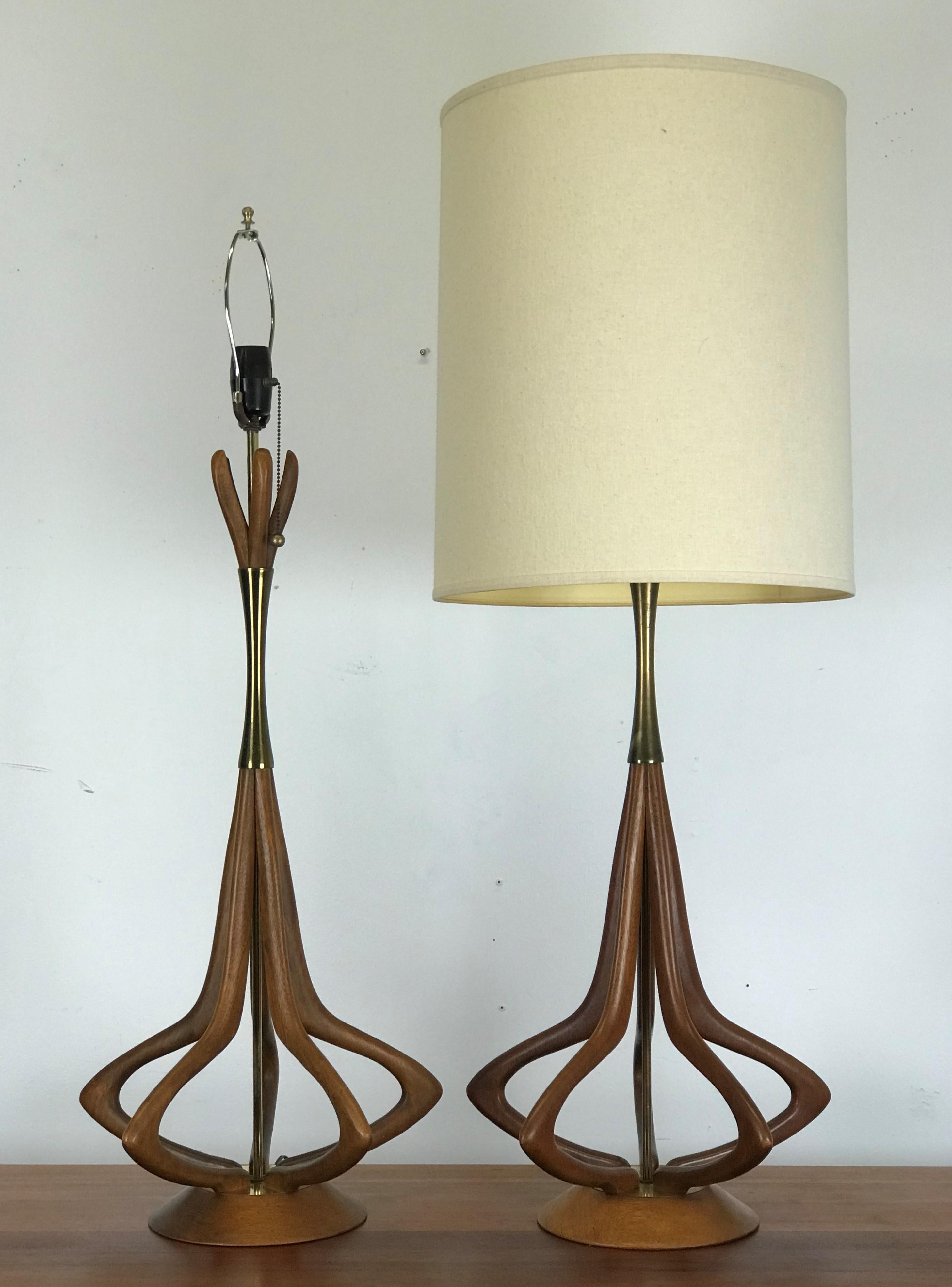 Mid-Century Modern Lamps in Sculptural Walnut with Brass Accents by Modeline 6