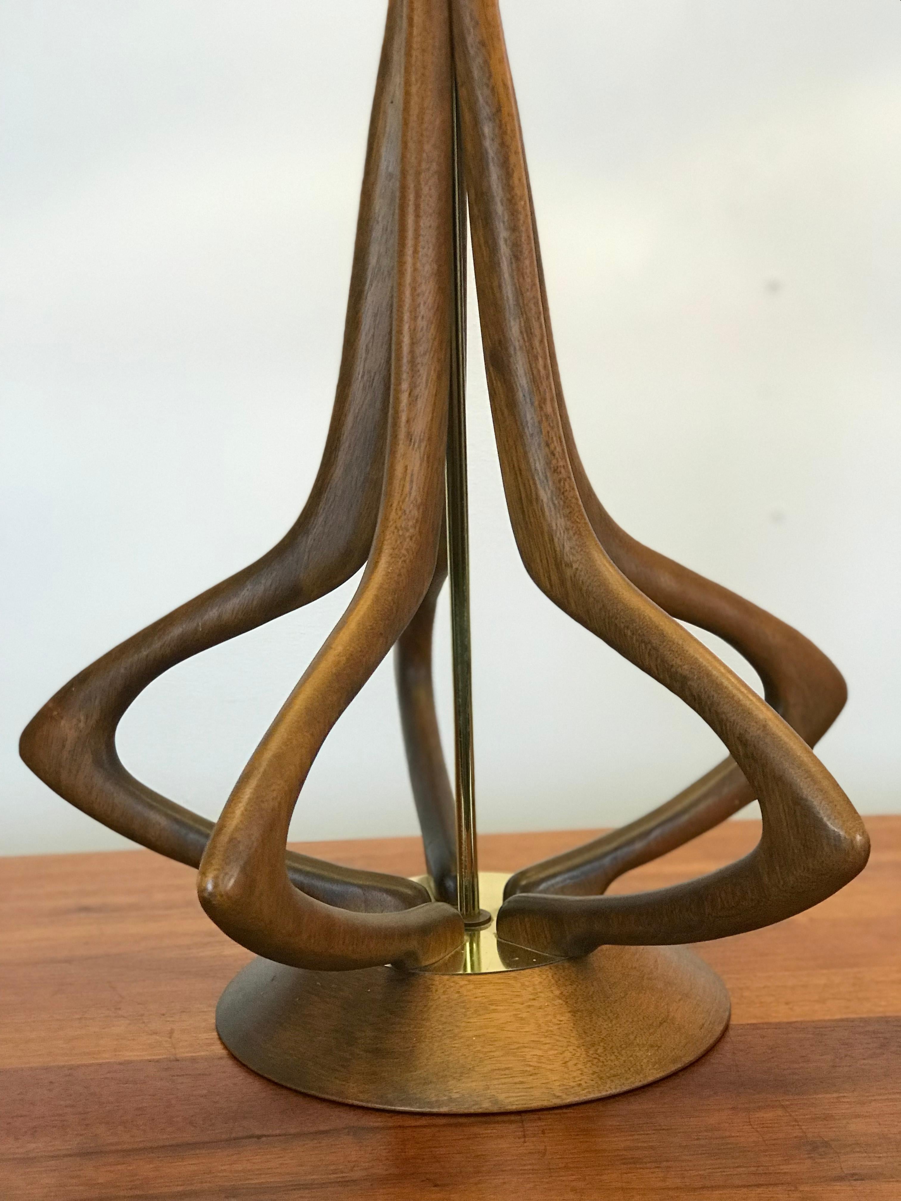 American Mid-Century Modern Lamps in Sculptural Walnut with Brass Accents by Modeline