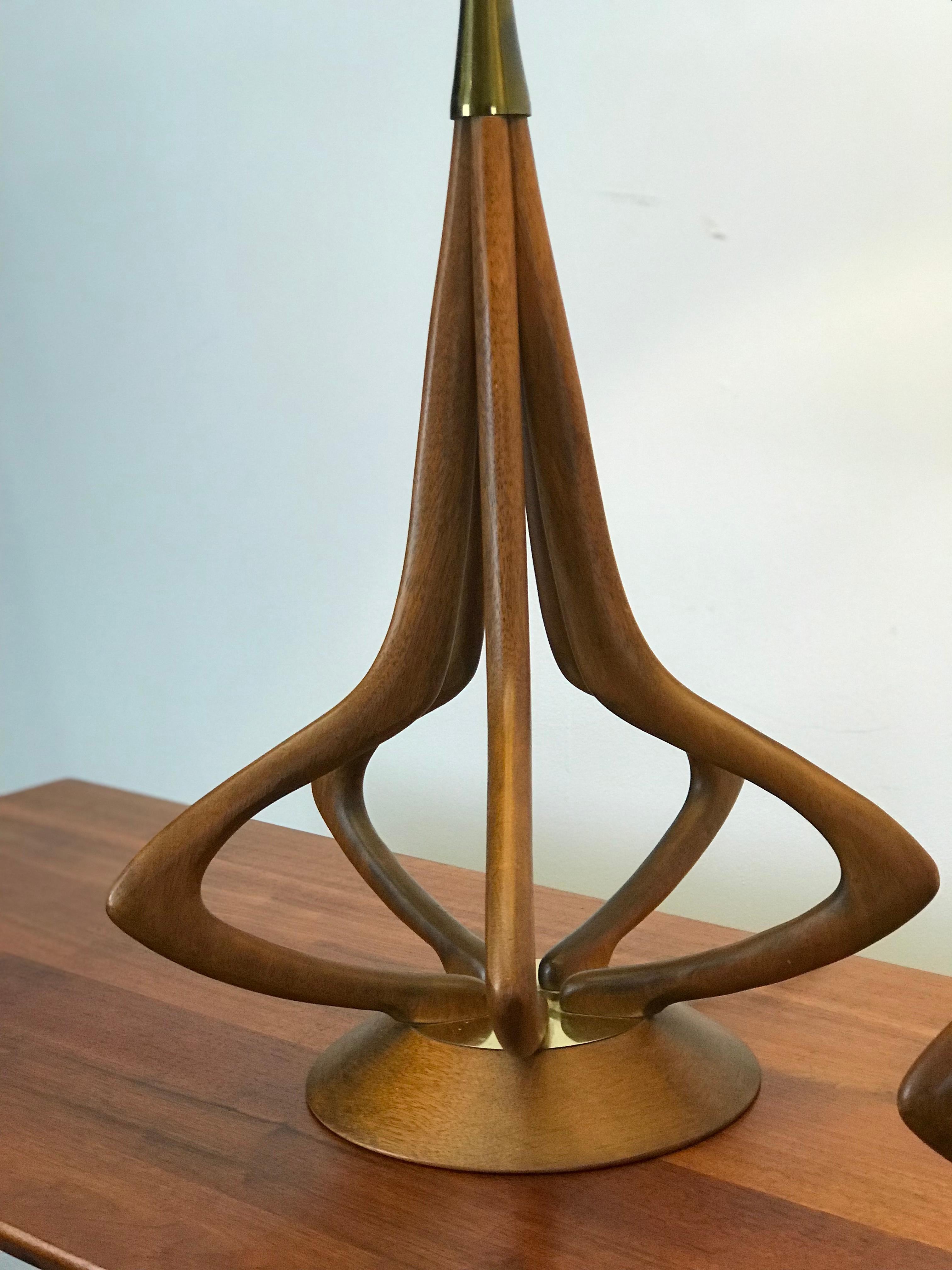 Mid-Century Modern Lamps in Sculptural Walnut with Brass Accents by Modeline In Good Condition In Framingham, MA