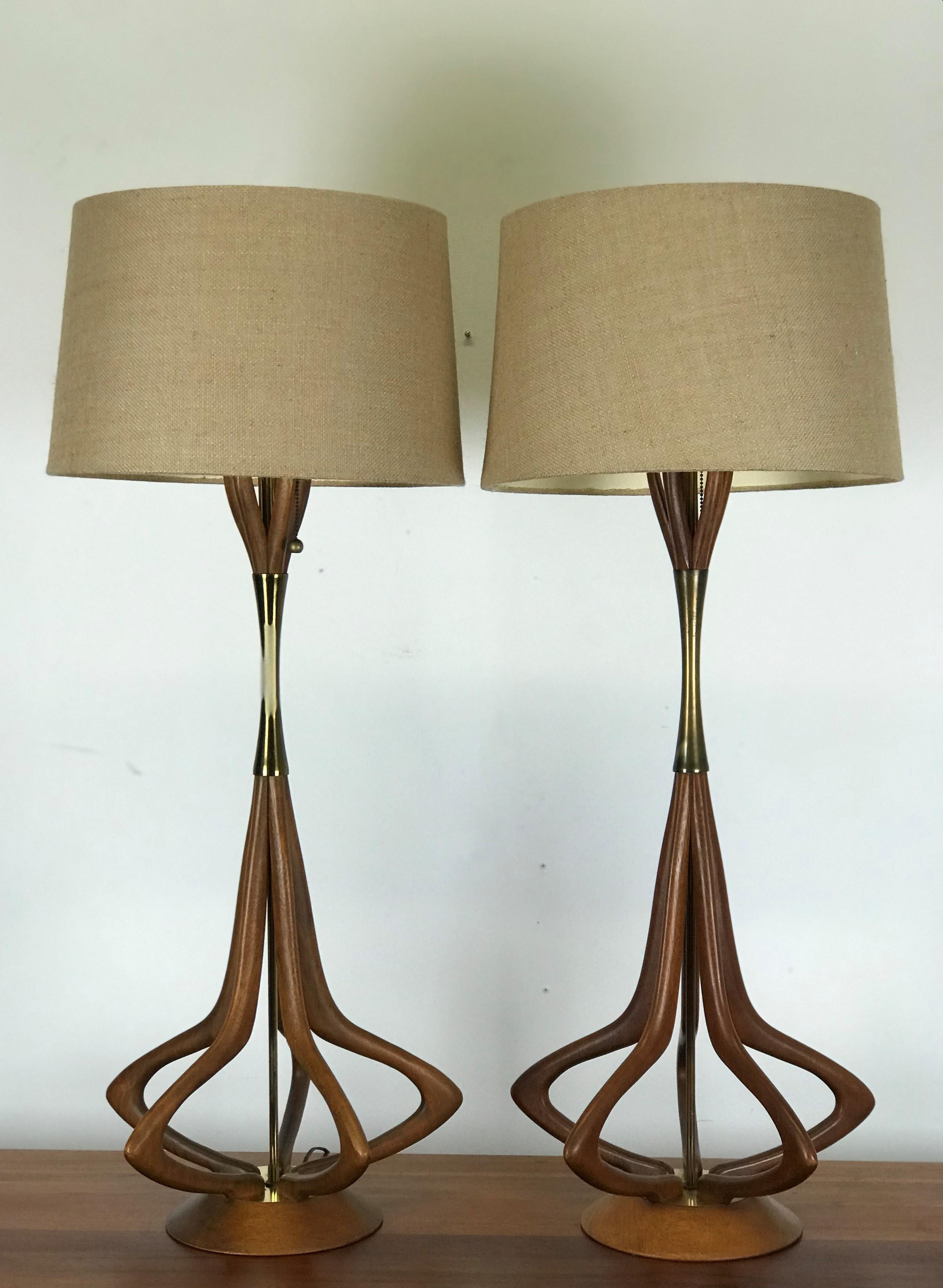 Mid-20th Century Mid-Century Modern Lamps in Sculptural Walnut with Brass Accents by Modeline