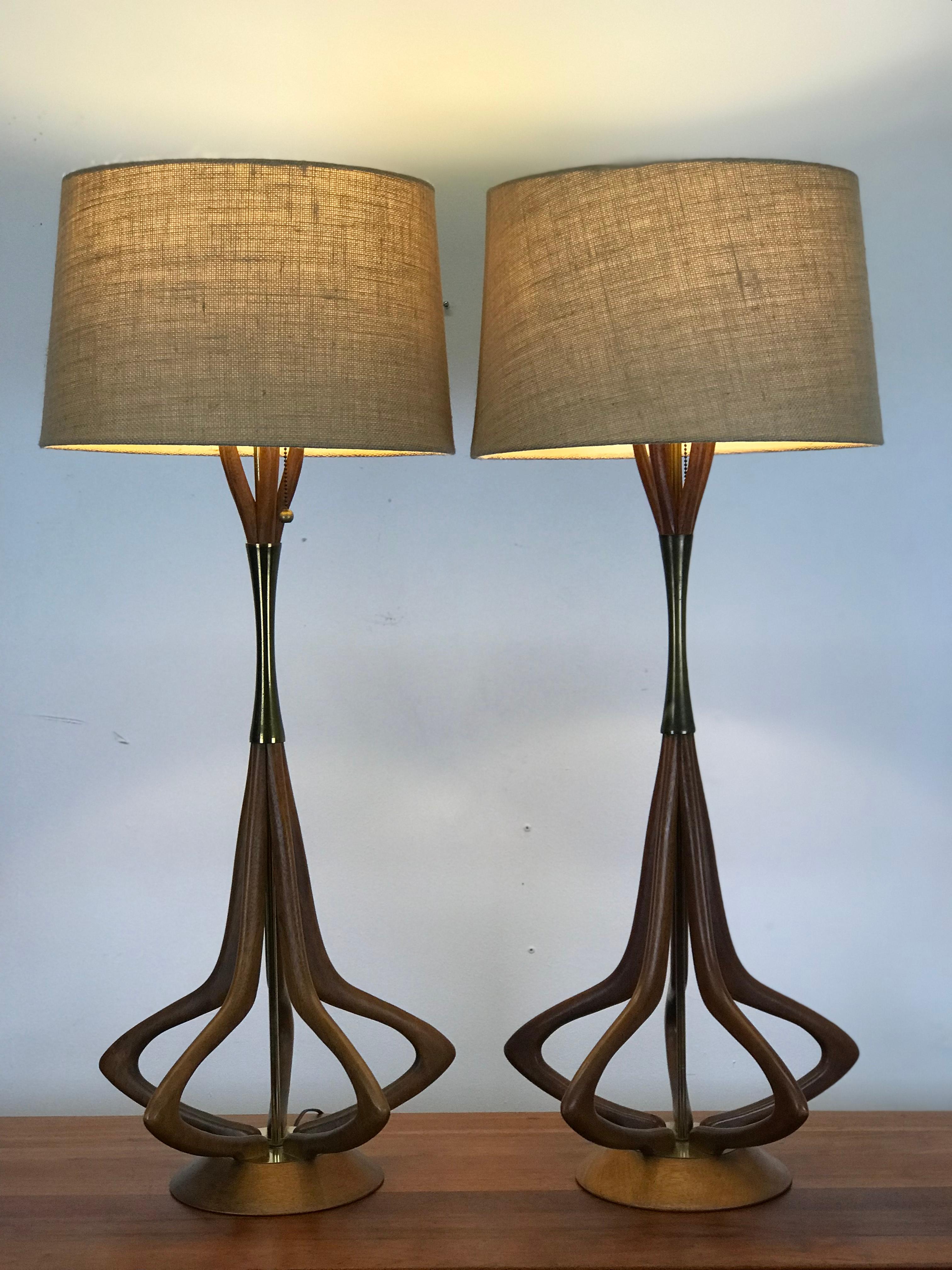 Mid-Century Modern Lamps in Sculptural Walnut with Brass Accents by Modeline 1