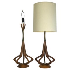 Mid-Century Modern Lamps in Sculptural Walnut with Brass Accents by Modeline
