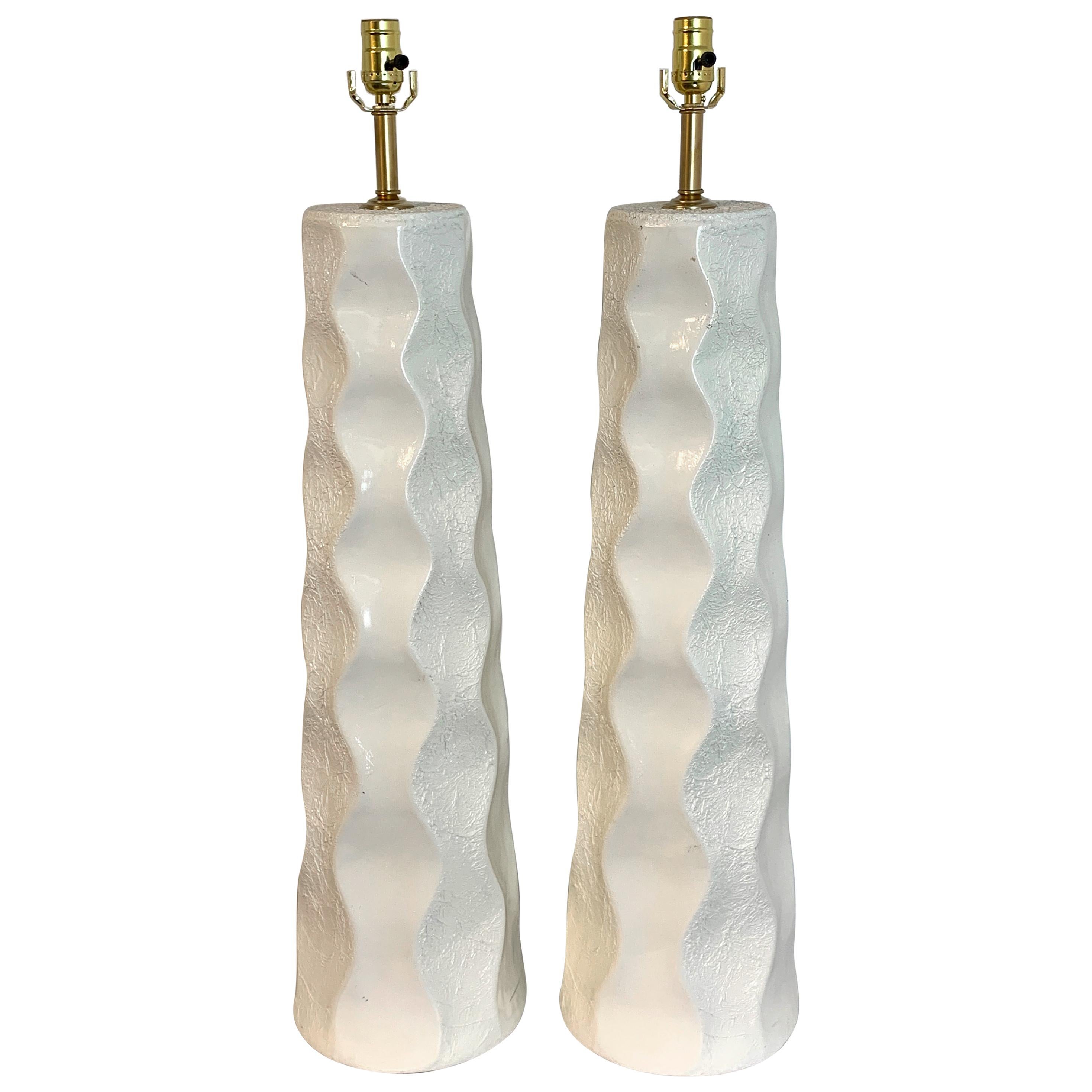 Large Pair of Mid-Century Modern Undulating Textured Column Lamps, in White