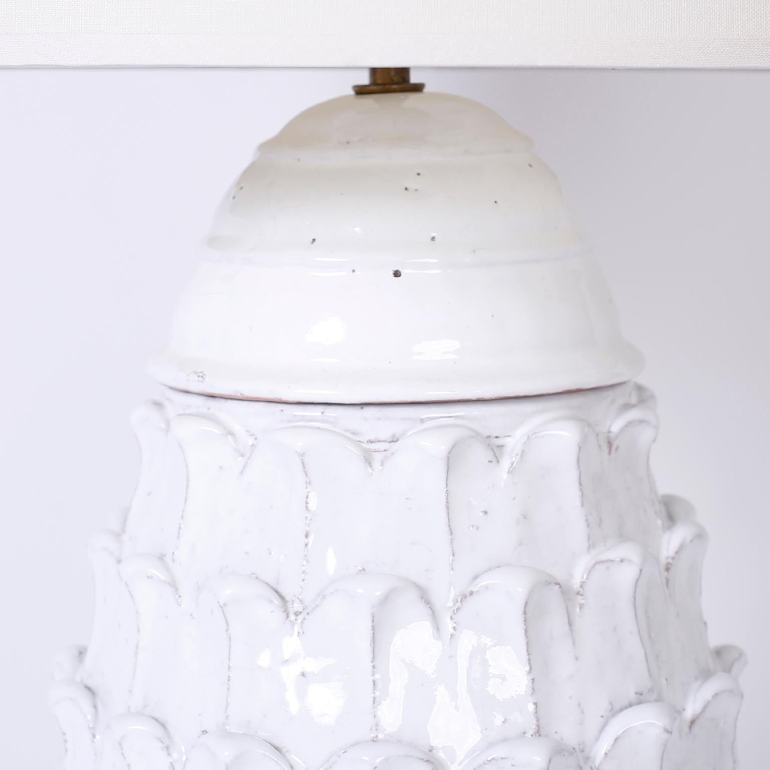 Italian Large Pair of Midcentury White Glazed Artichoke Table Lamps