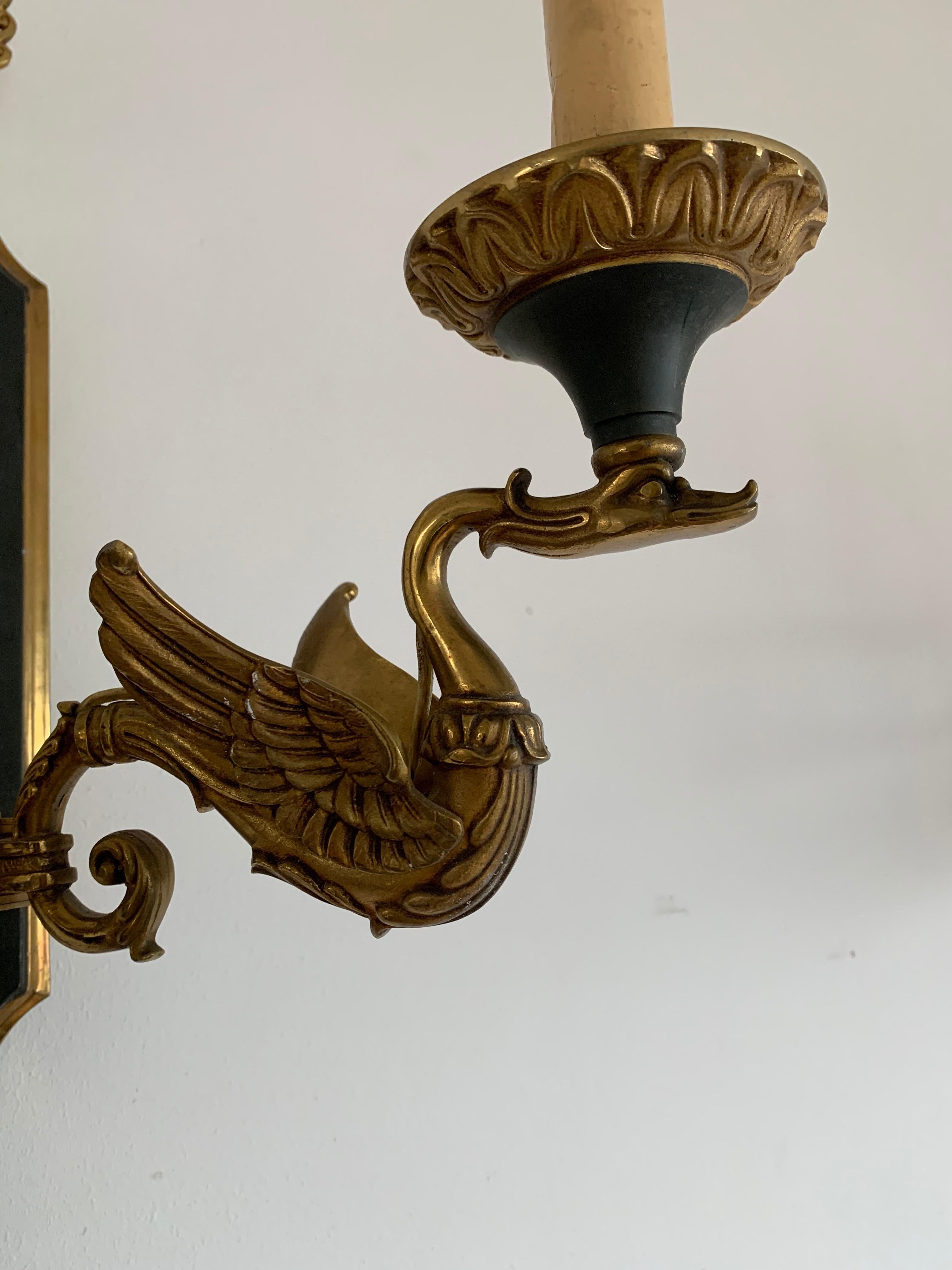 Large Pair, Empire Revival Bronze Swan Sculpture Wall Sconces / Light Fixtures For Sale 9