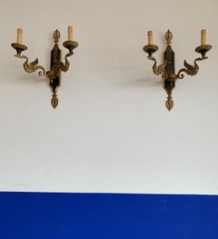 Large Pair, Empire Revival Bronze Swan Sculpture Wall Sconces / Light Fixtures