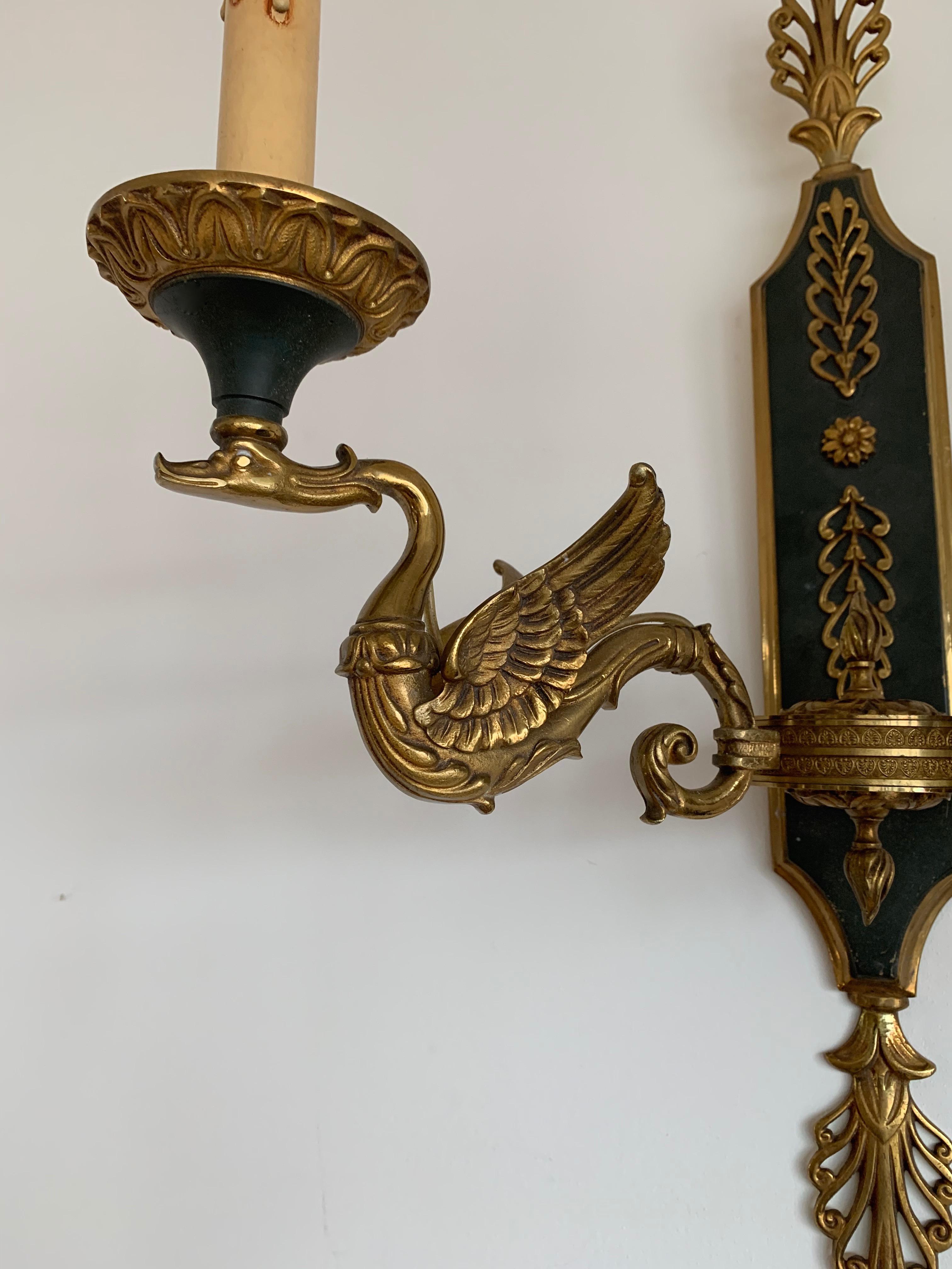 Hand-Crafted Large Pair, Empire Revival Bronze Swan Sculpture Wall Sconces / Light Fixtures For Sale
