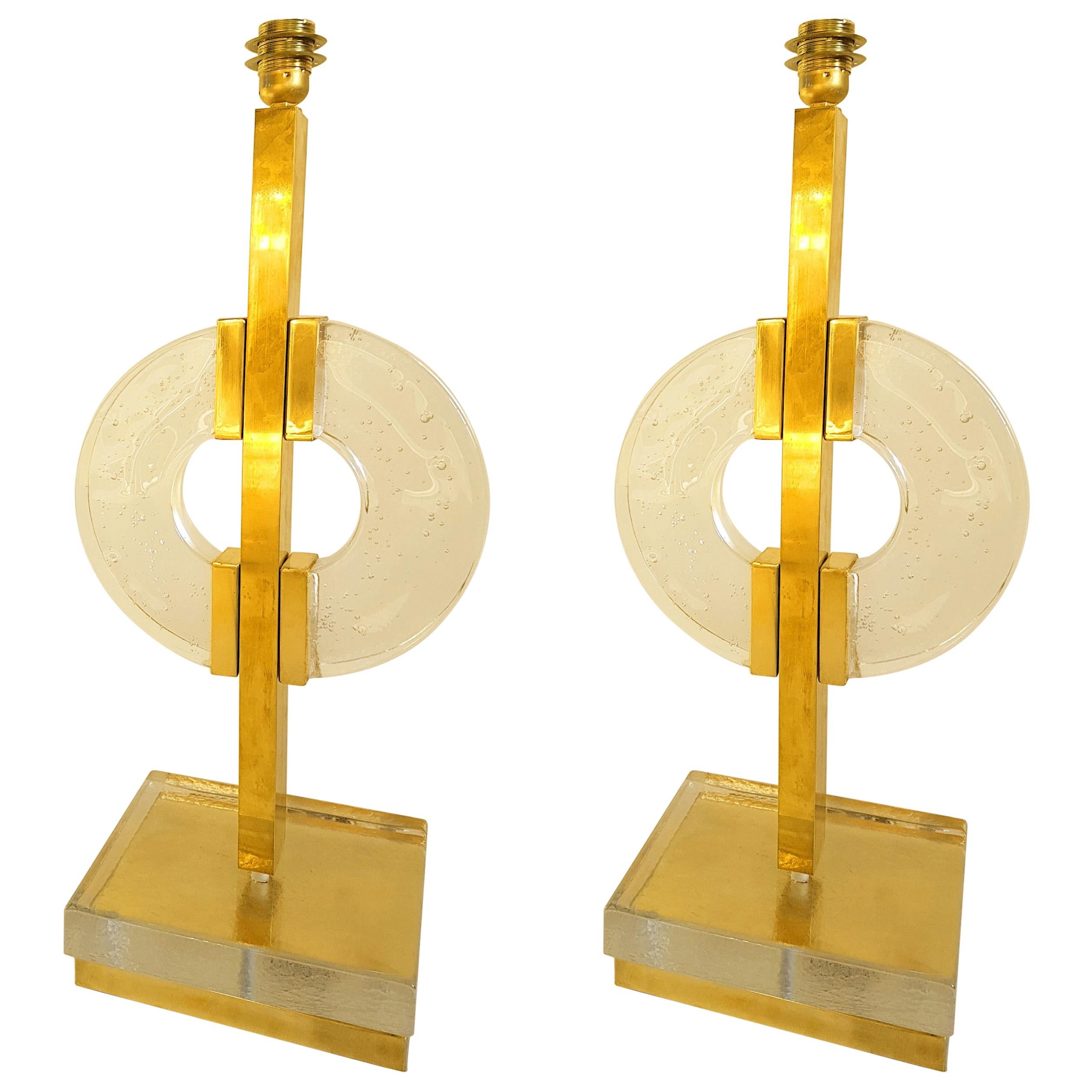 Large Pair of Large Mid-Century Modern Clear Glass / Brass Italian Table Lamps 7