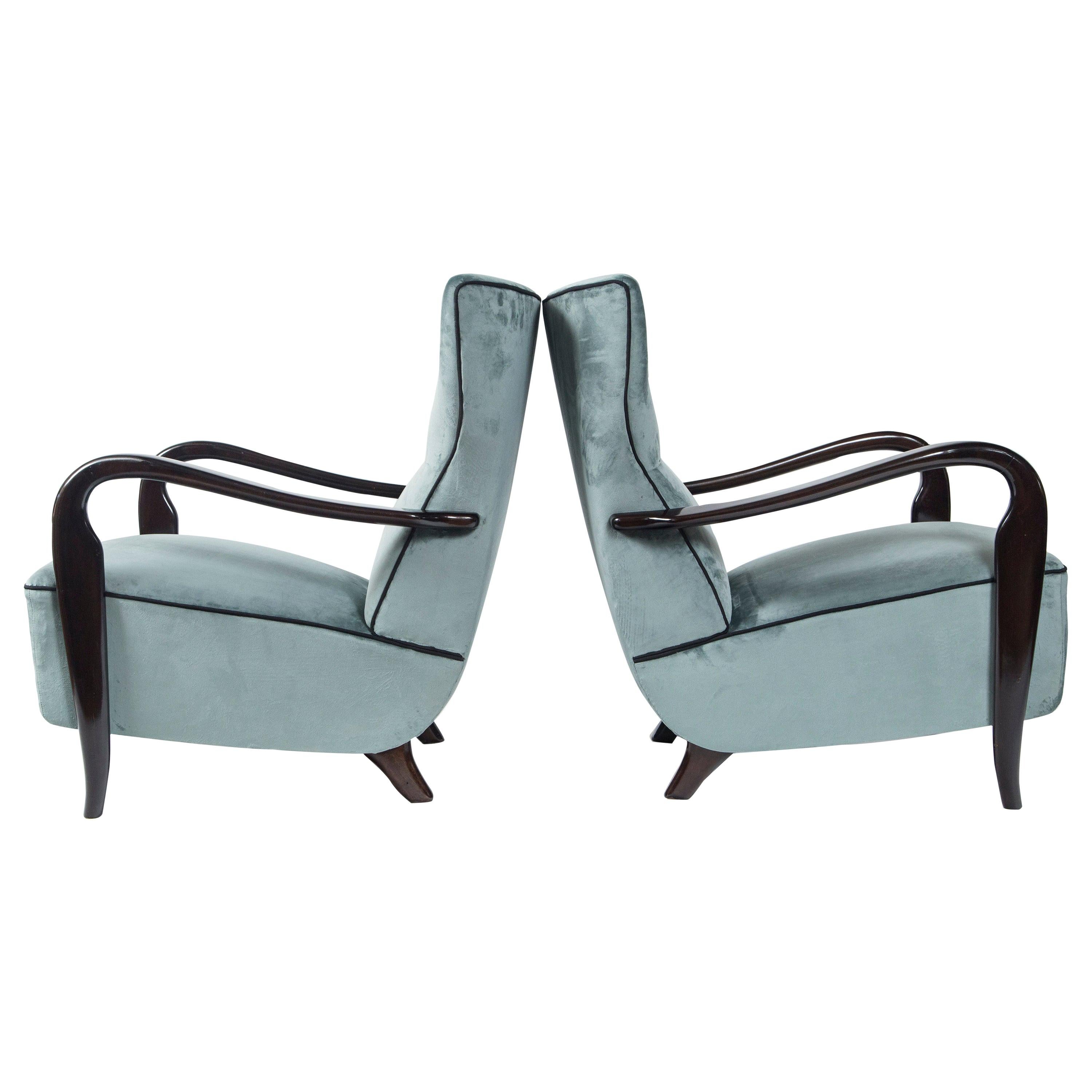 Large Pair of Midcentury Velvet Lounge Chairs Attributed to Guglielmo Ulrich