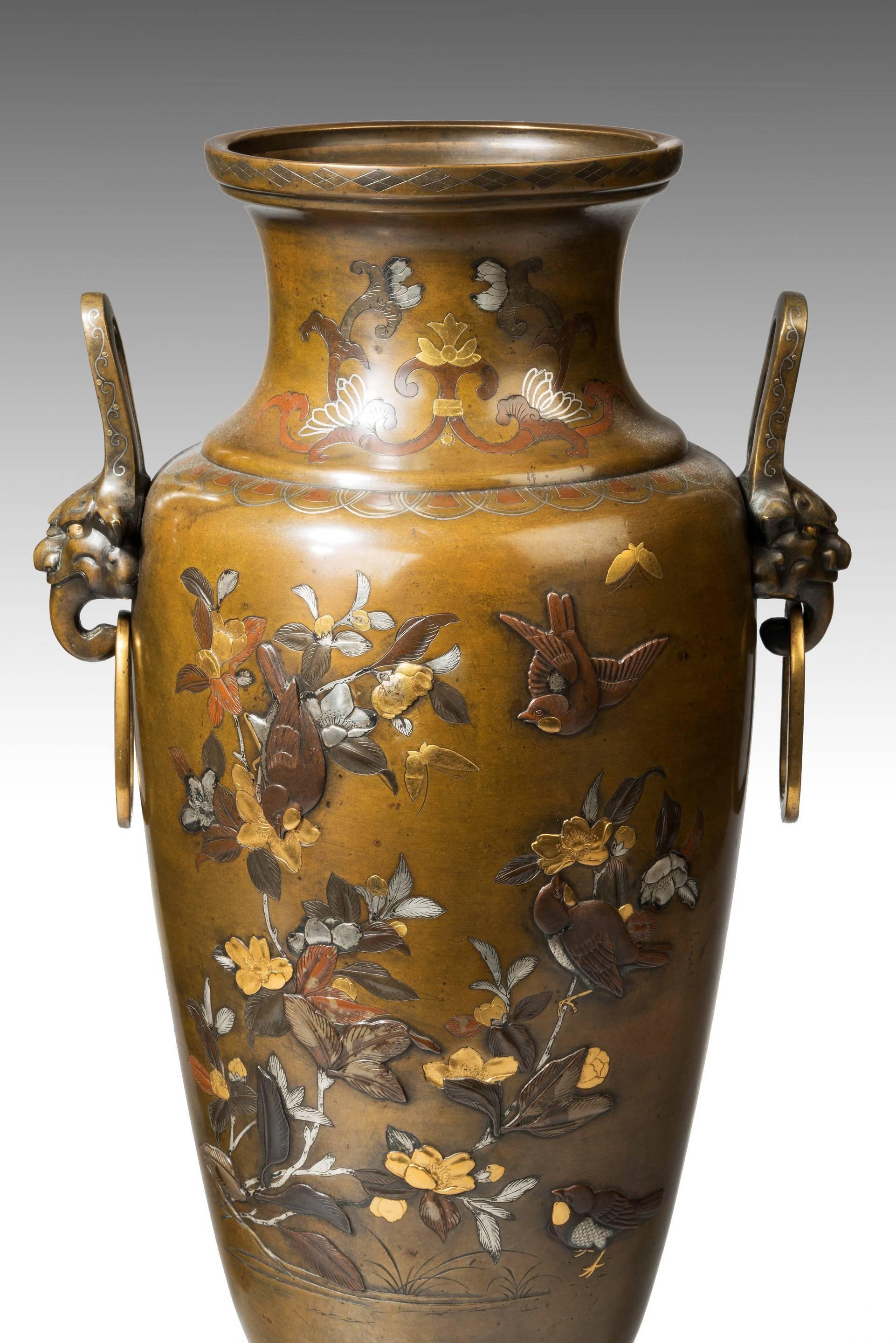 Japanese Large Pair of Mixed Metal Meiji Period Vases For Sale