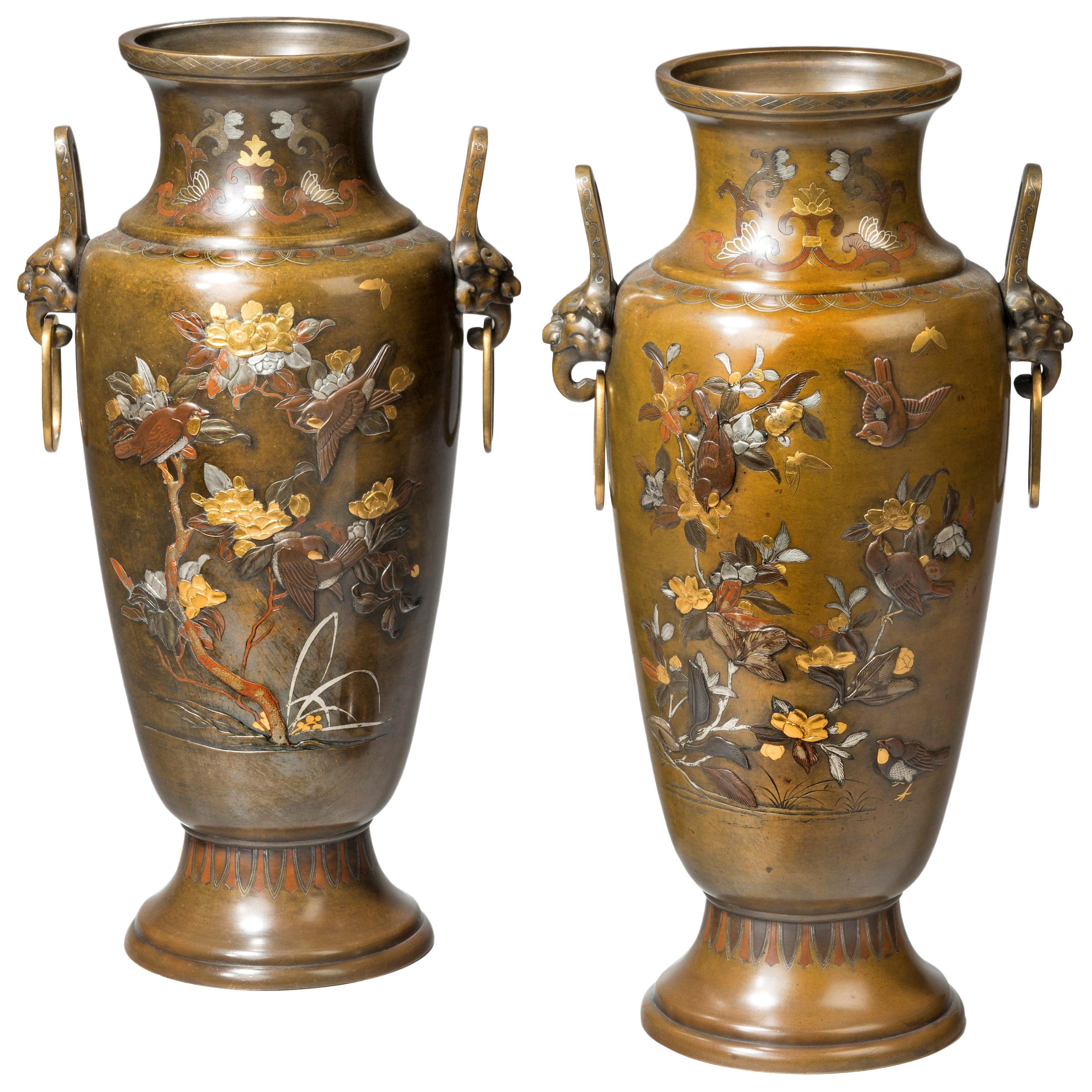 Large Pair of Mixed Metal Meiji Period Vases