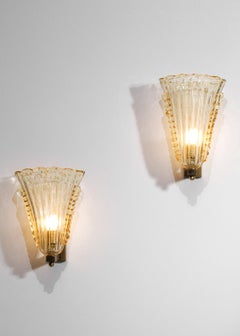 Large Pair of Modern Italian Wall Lights "Ornella", Murano Glass and Brass