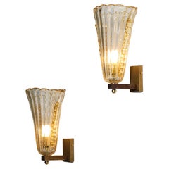 Large Pair of Modern Italian Wall Lights "Ornella", Murano Glass and Brass
