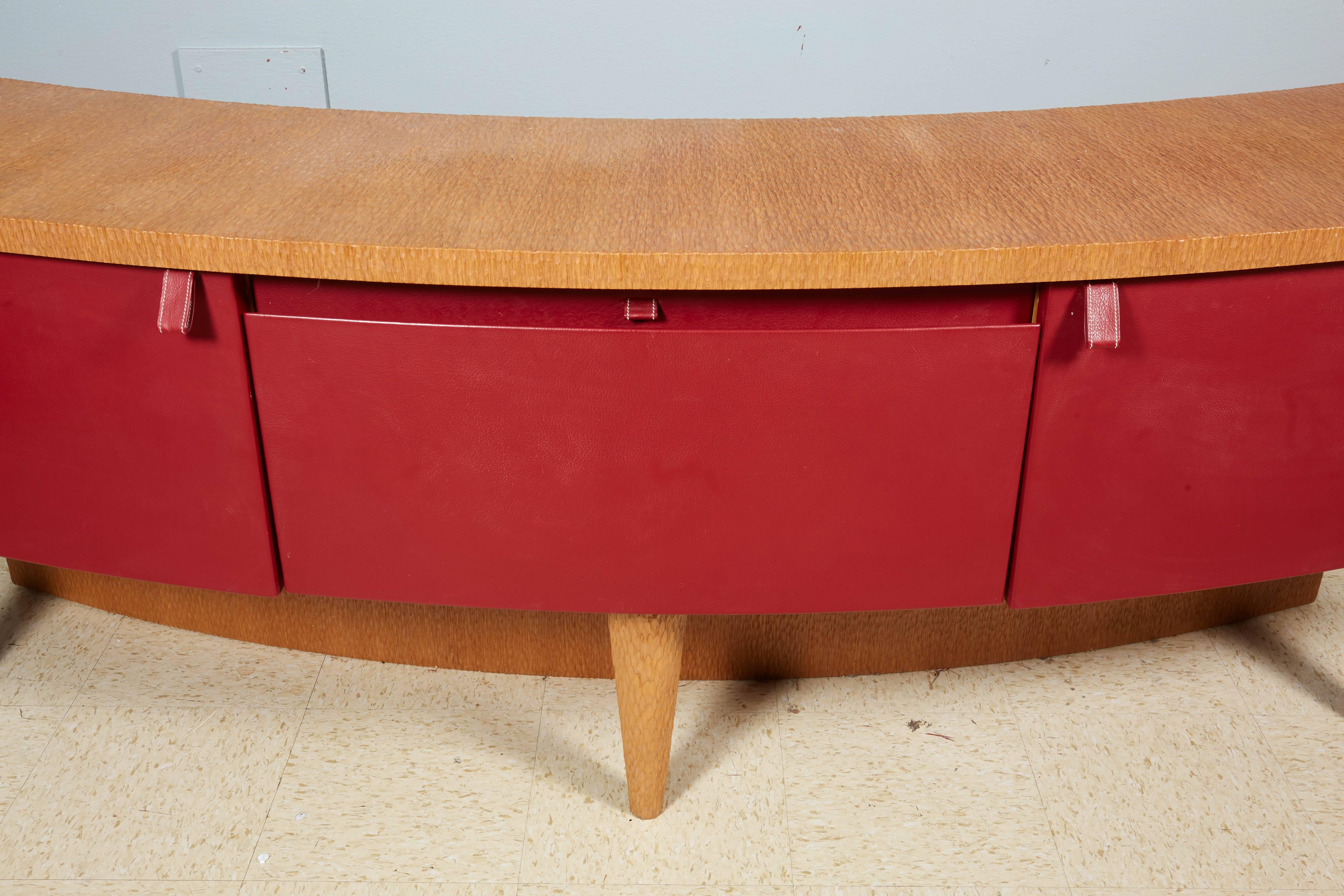 American Large Pair of Modern Red Leather Mounted Wood Corner Cabinets or Commodes