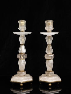 Grande coppia di candelieri moderni in cristallo di rocca e bronzo, Maison Baguès