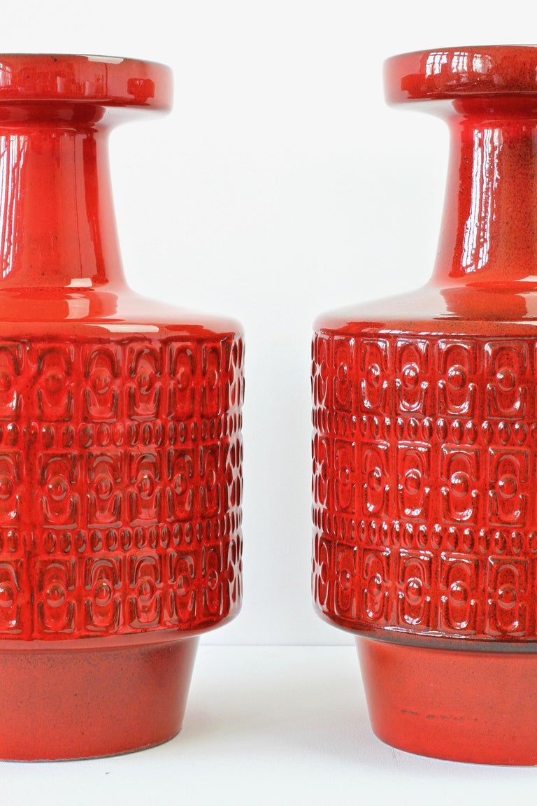 Large Pair of Modernist Red West German Floor Vases by Fohr Pottery, circa  1970 at 1stDibs