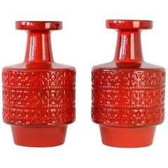 Large Pair of Modernist Red West German Floor Vases by Fohr Pottery, circa 1970