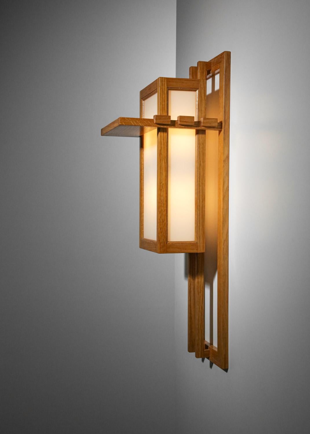 Post-Modern large pair of modernist wood and glass sconces Frank Lloyd Wright style