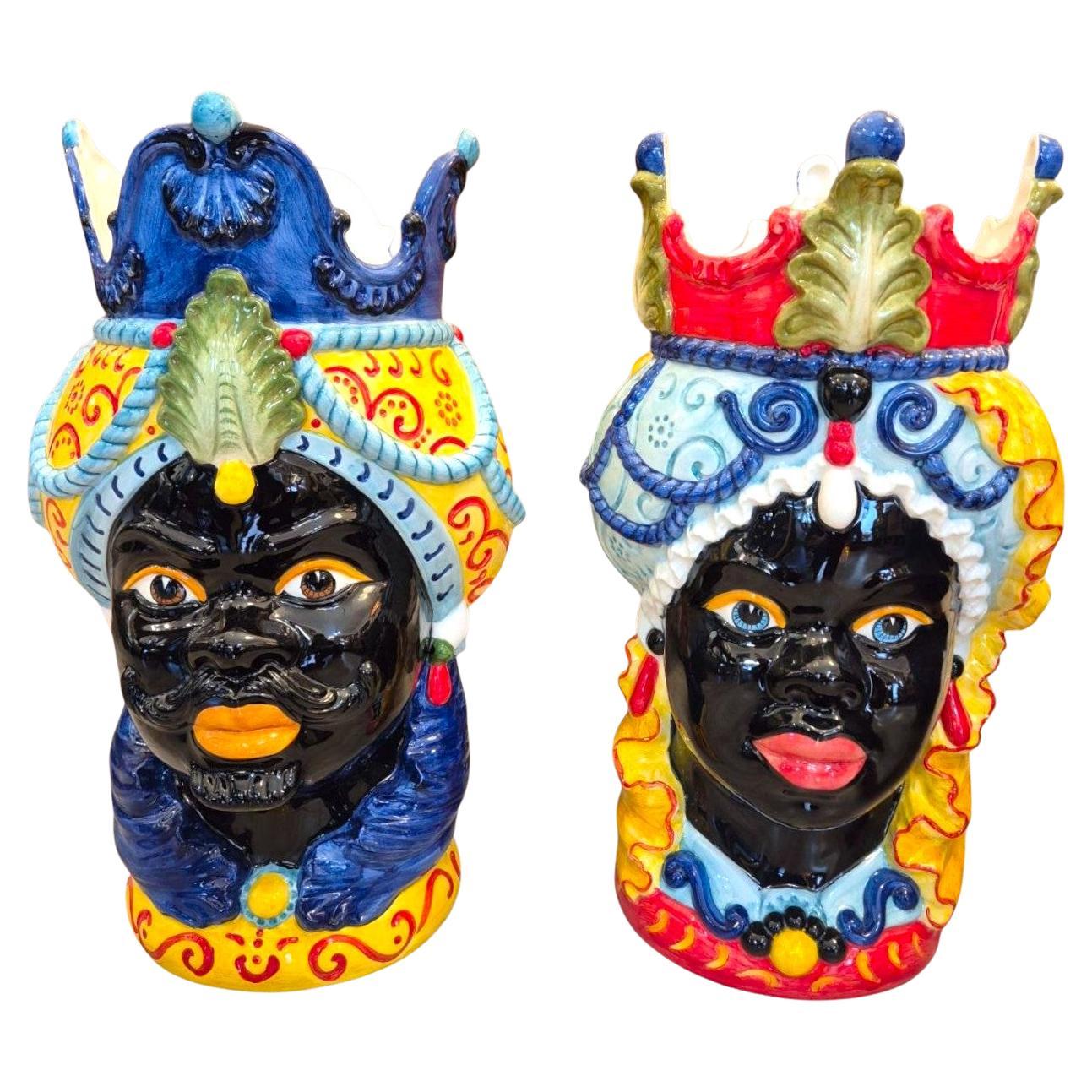 Large Pair of Moorish Heads in Italian Ceramic, Italy, Circa 1990 im Angebot