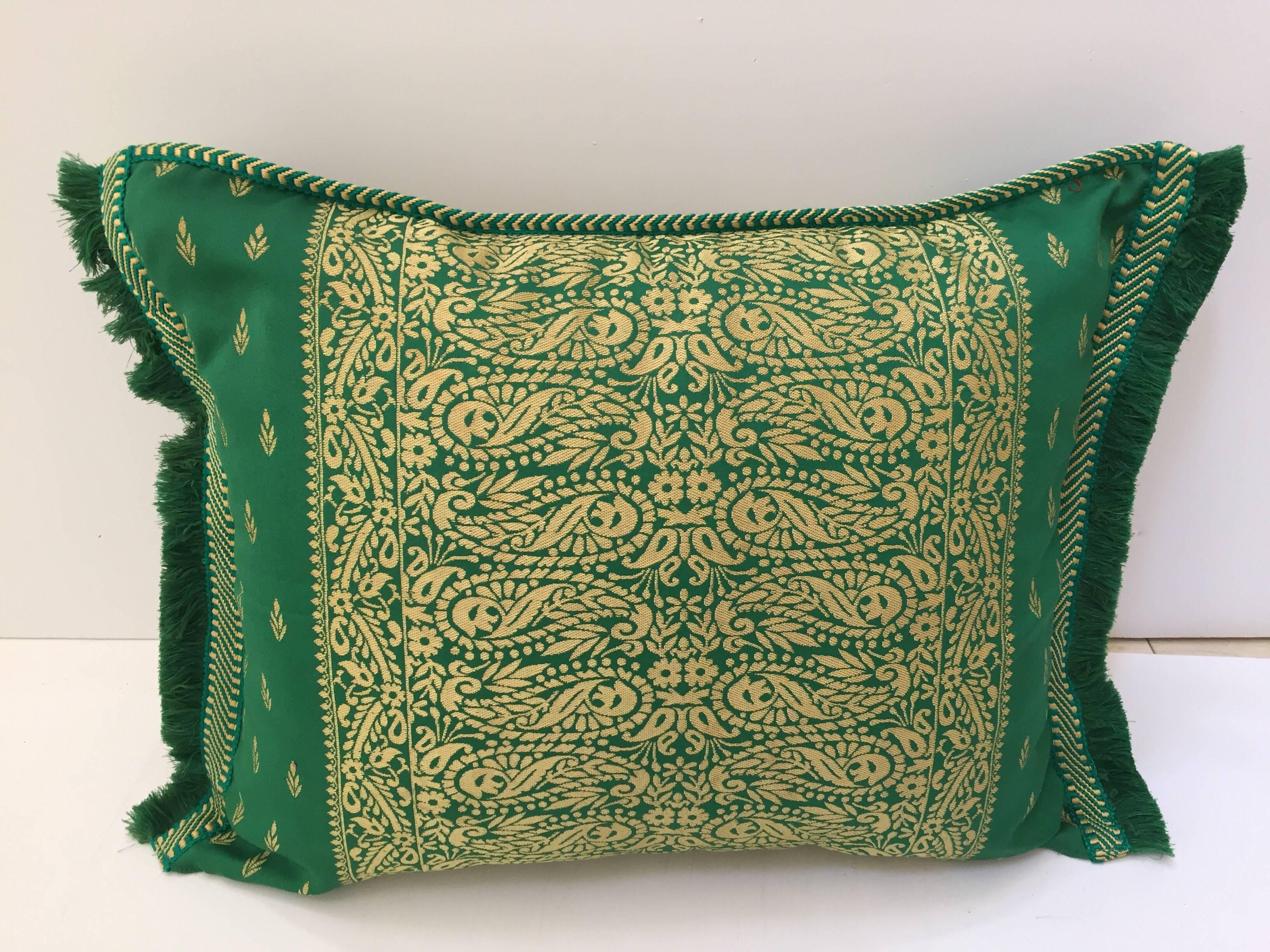 Large pair of Moroccan Damask green floral bolster lumbar decorative pillows.
Great to use as accent pillows on a bed or sofa throw pillows.
Pillow has a beautiful center medallion, detailed corners, fringe edges trim.
Bohemian Moorish Venetian