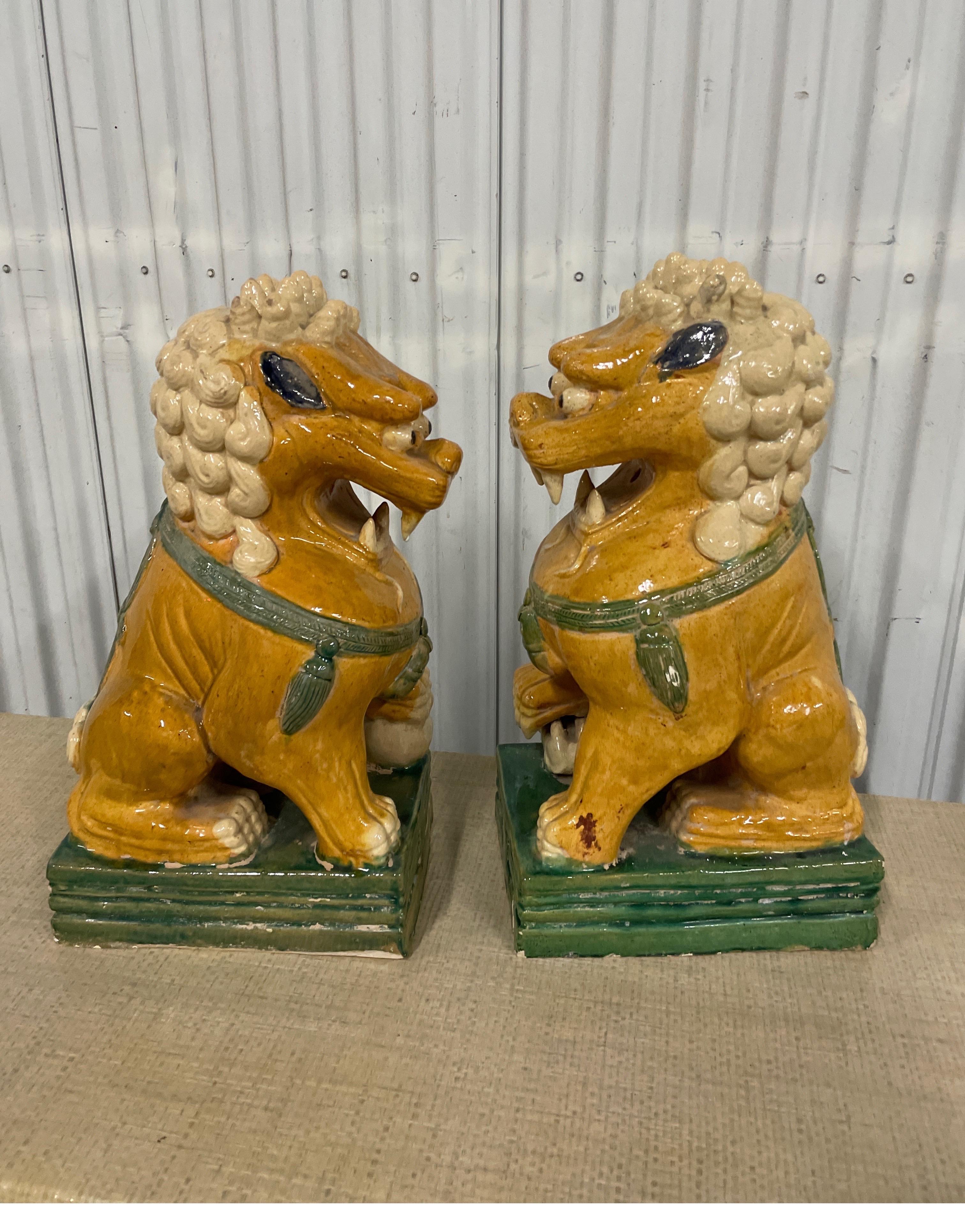 Large Pair of Multicolored Glazed Terra Cotta Foo Dogs For Sale 5