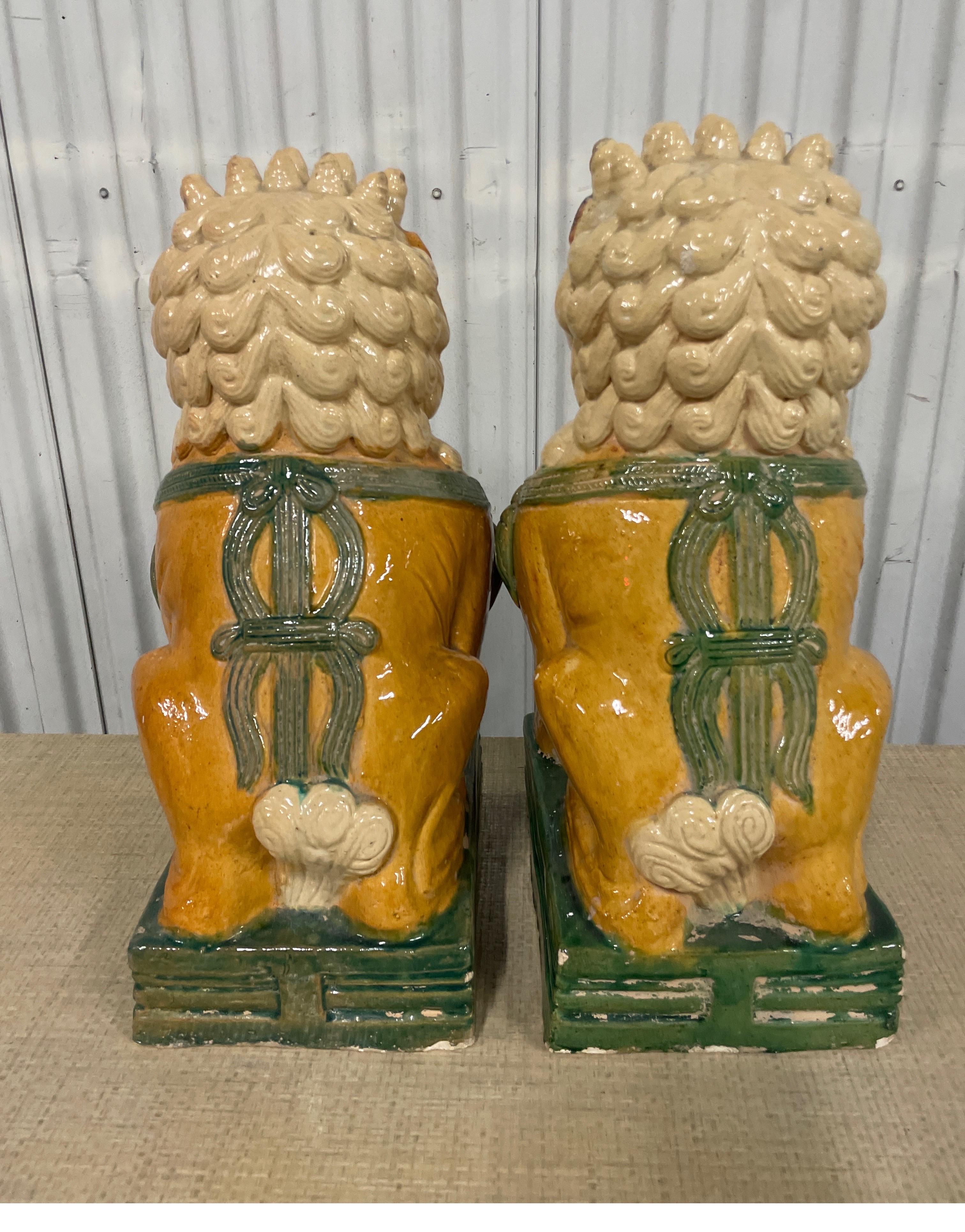 Large Pair of Multicolored Glazed Terra Cotta Foo Dogs For Sale 6